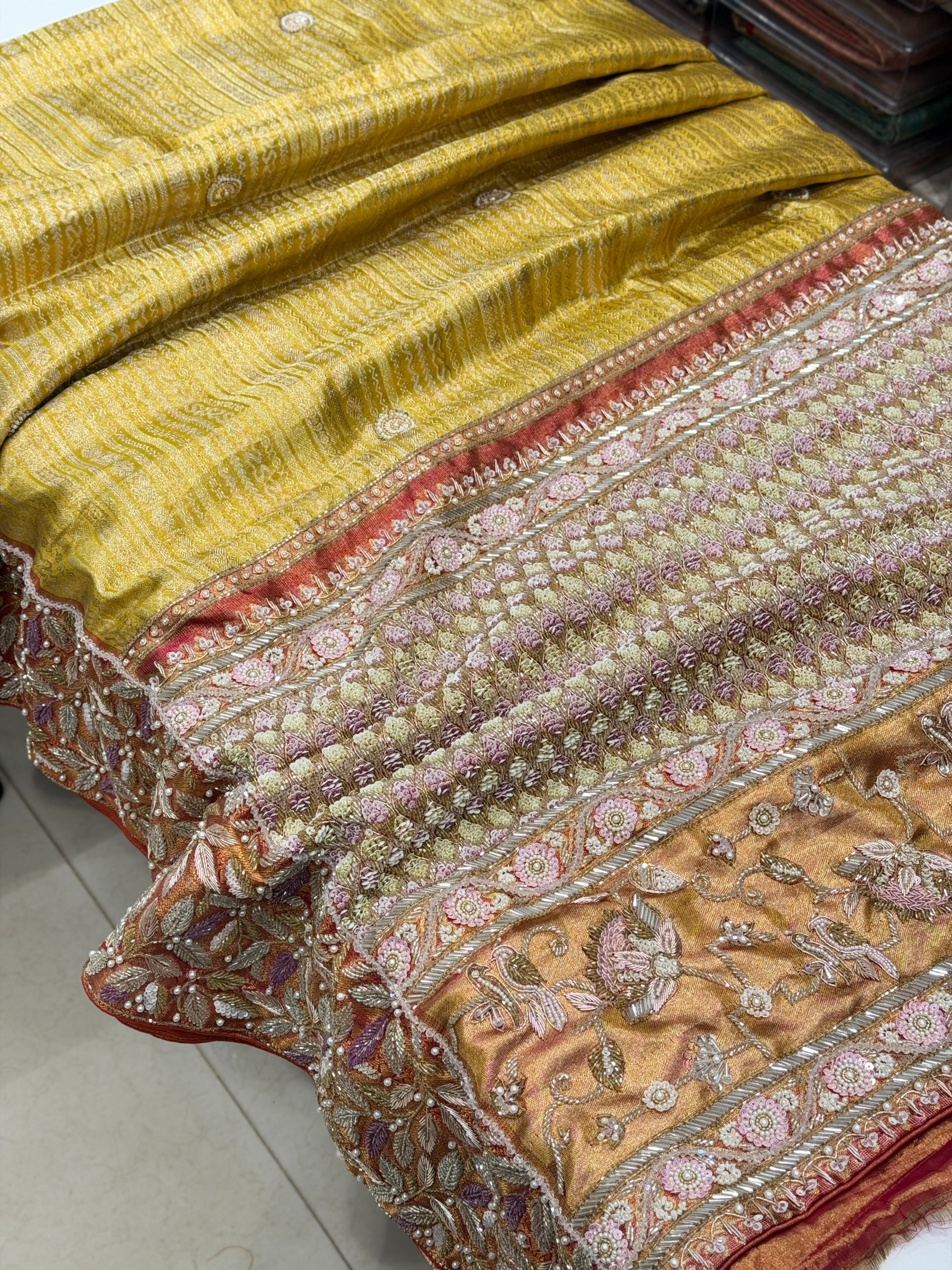 Lime Crimson Kanjivaram Contemporary Moti Zardosi Hand Embroidery Saree
