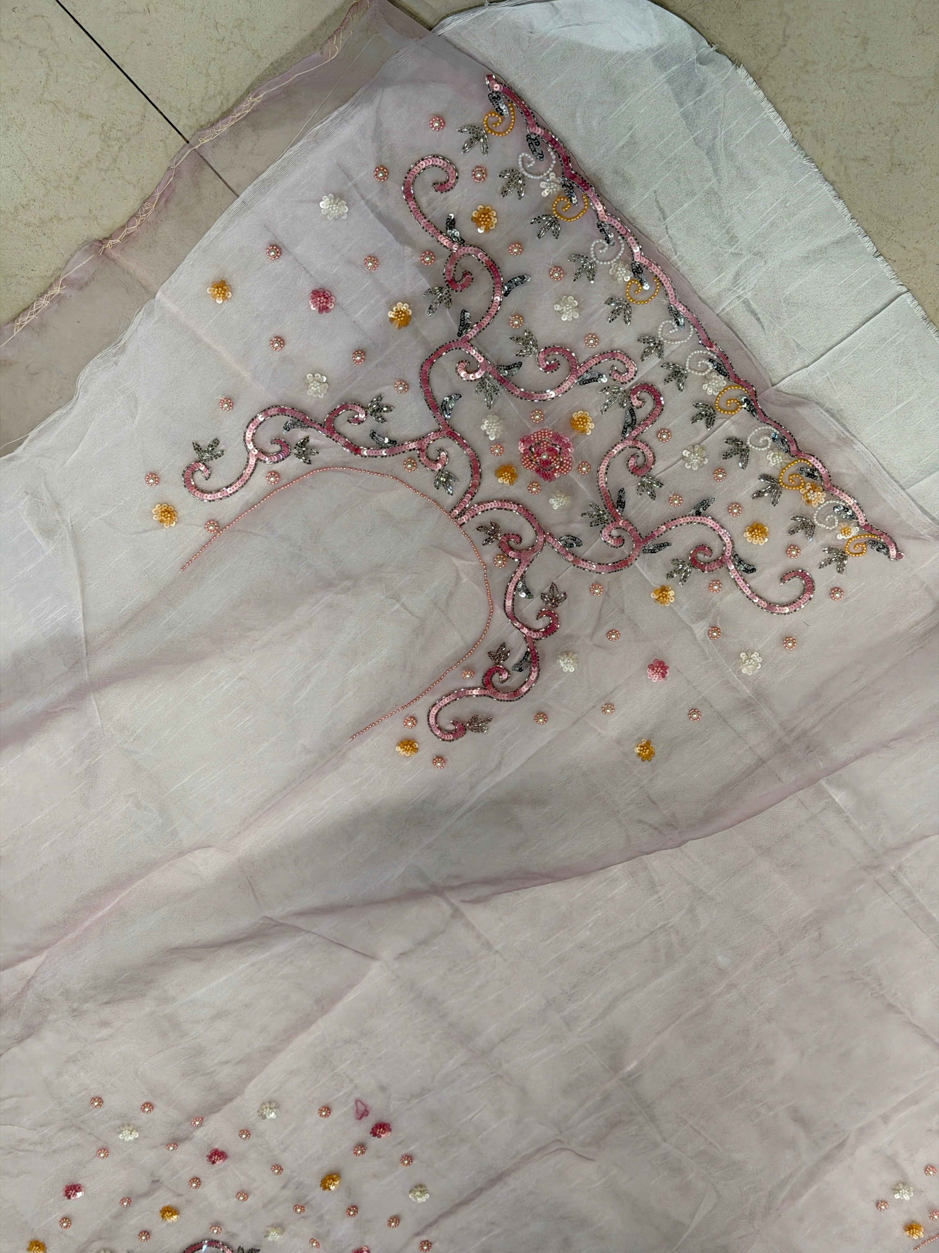 Pink Organza Sequin and Moti Hand Embroidery Blouse Piece