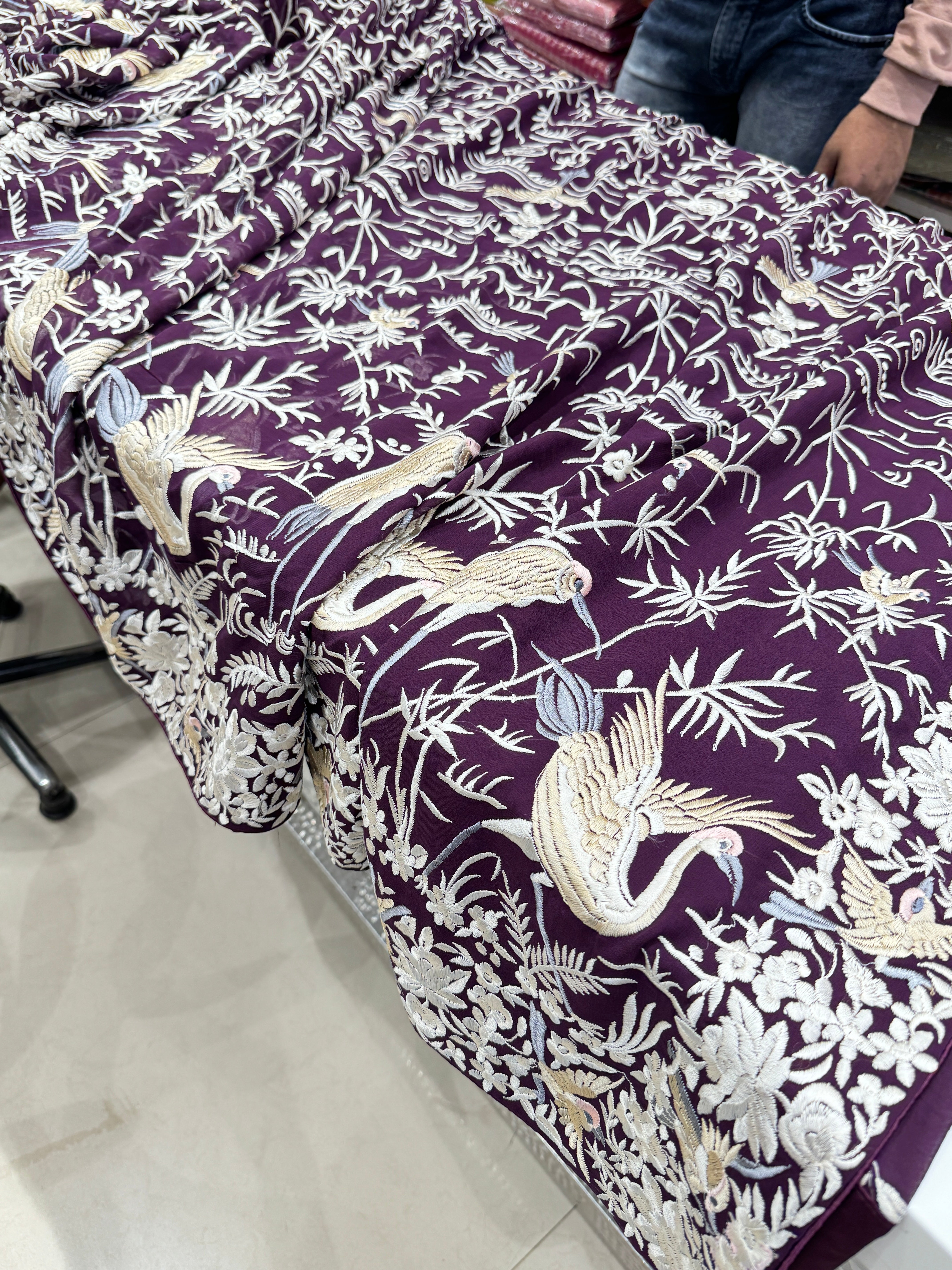 Wine Georgette Flying Flamingo Parsi Gara Saree