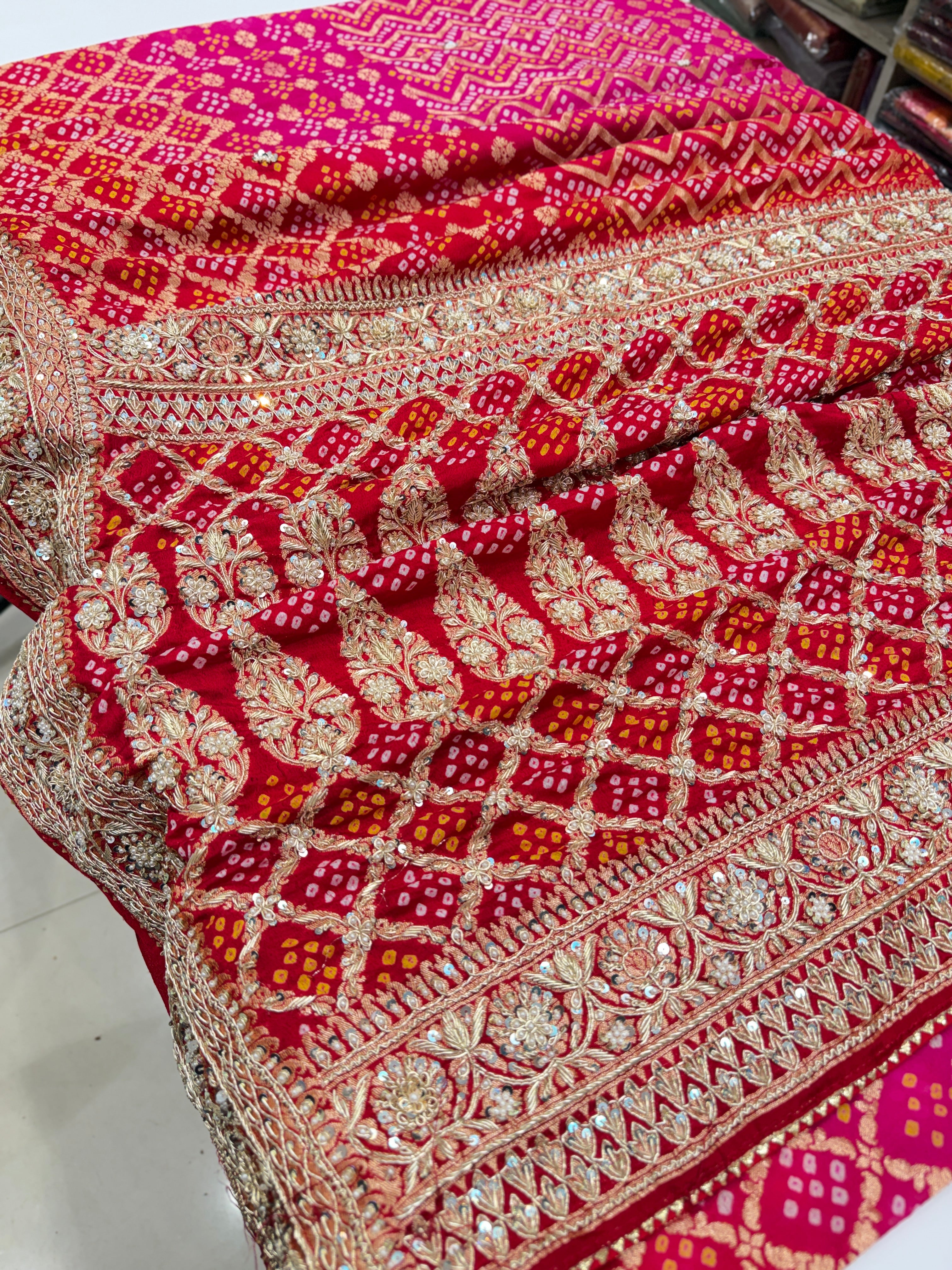 Red Rani Shaded Bandhej Zardosi Hand Embroidery Georgette Saree