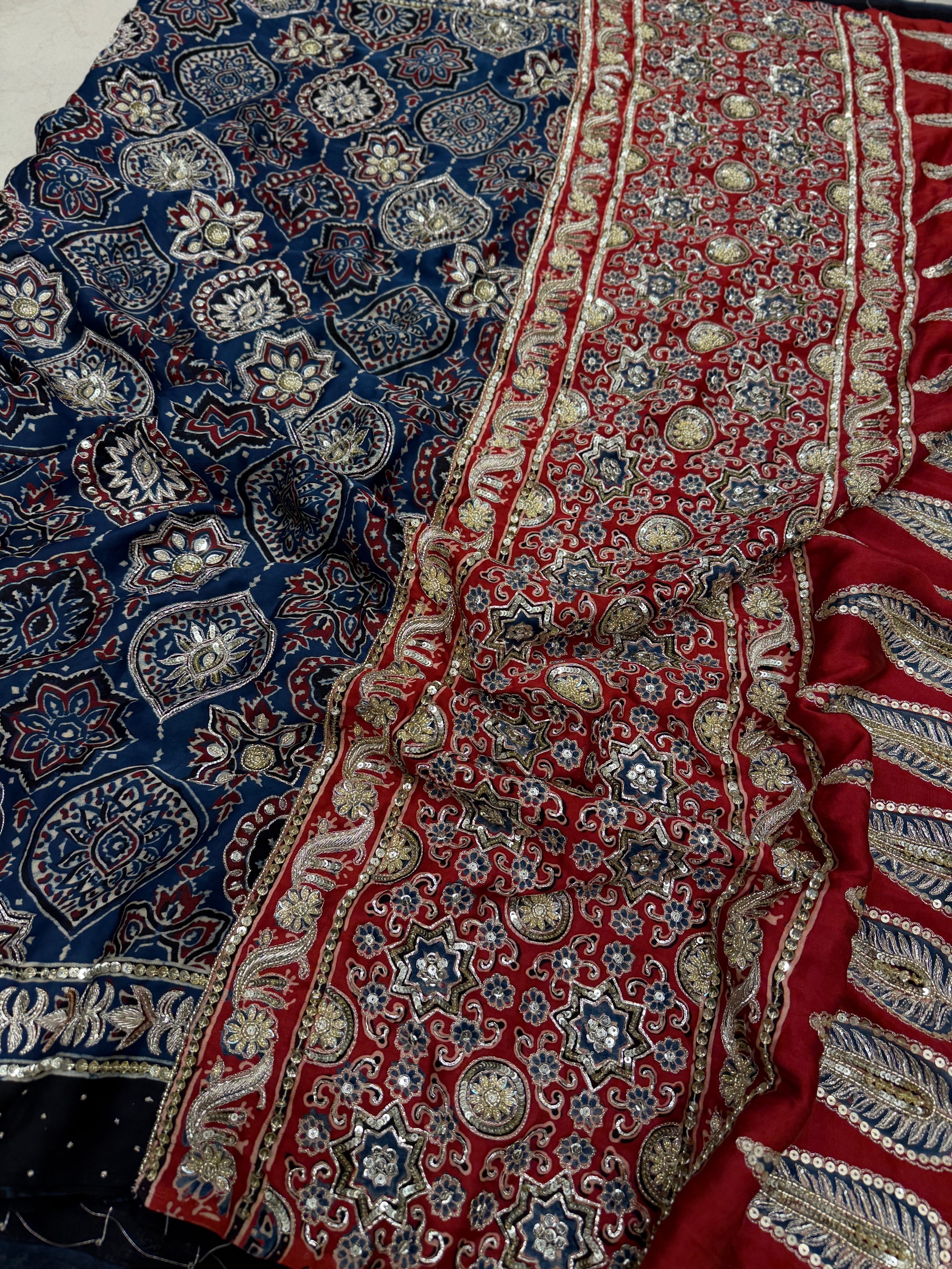 Blue Red Badam Butta Pita Zardosi Sequin Ajrakh Hand Embroidery Saree