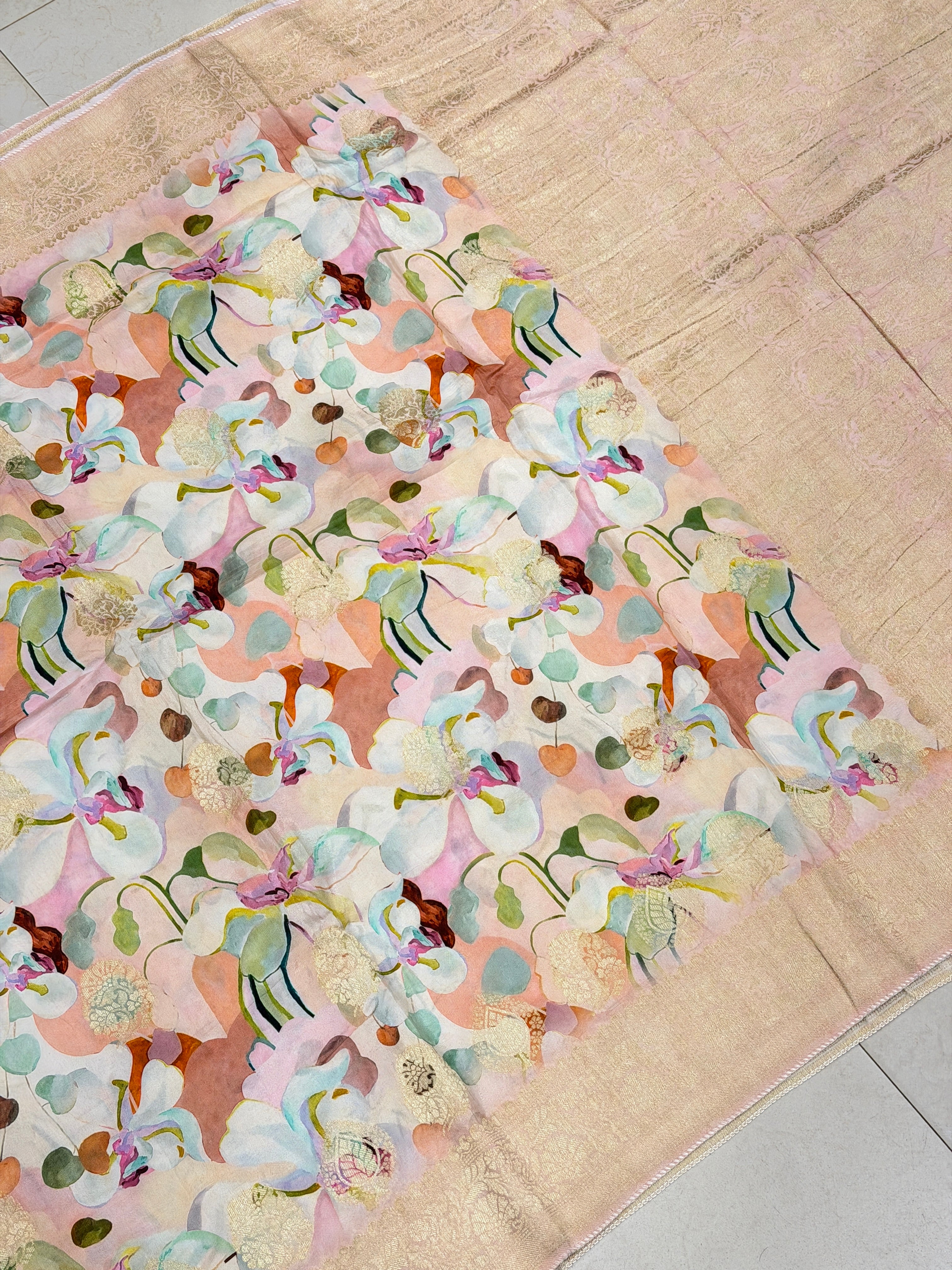 Pink Floral Multi Colour Print Munga Soft Silk Saree