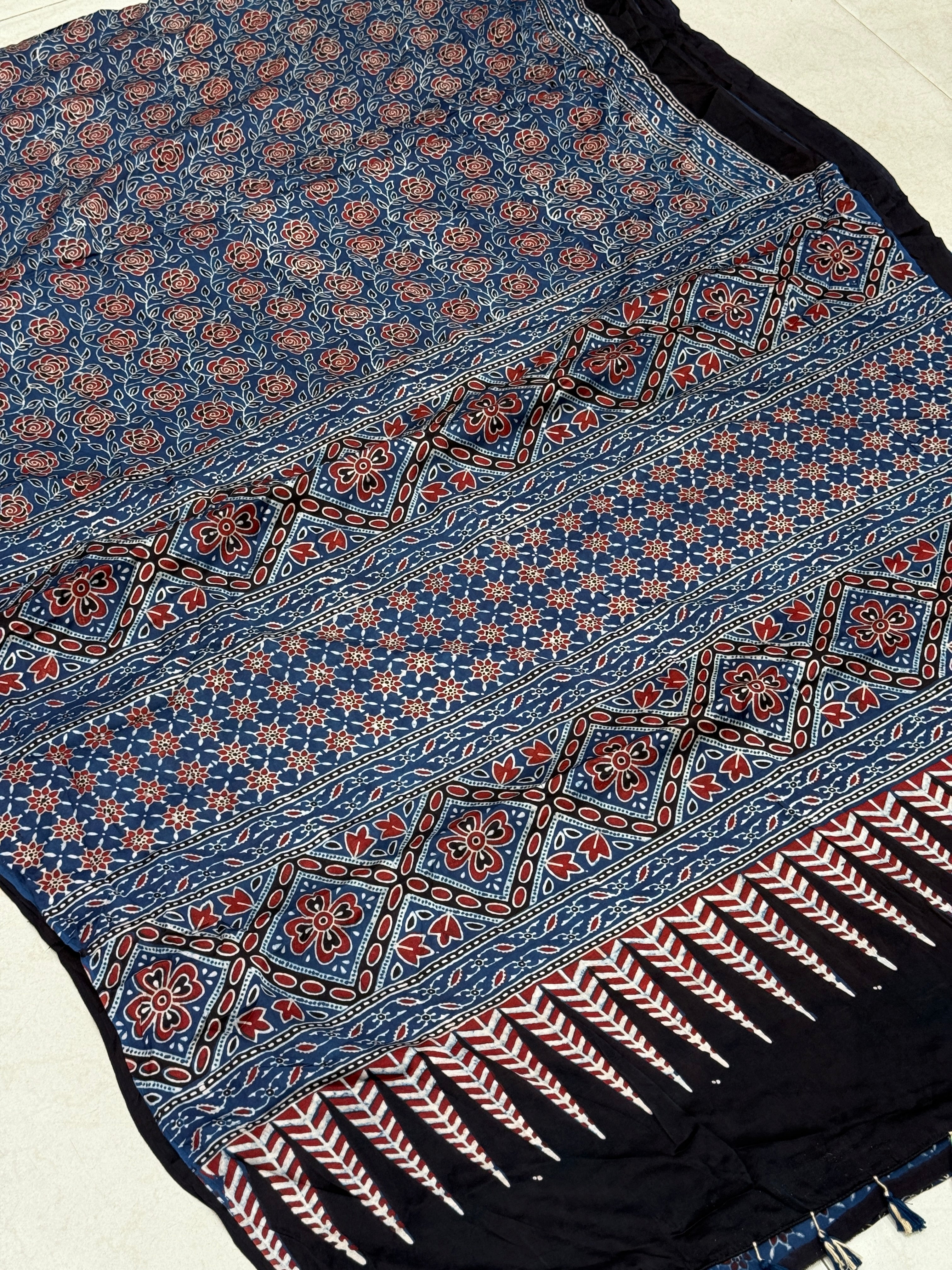 Blue Rose Ajrakh Hand Block Print Pure Gajji Silk Saree