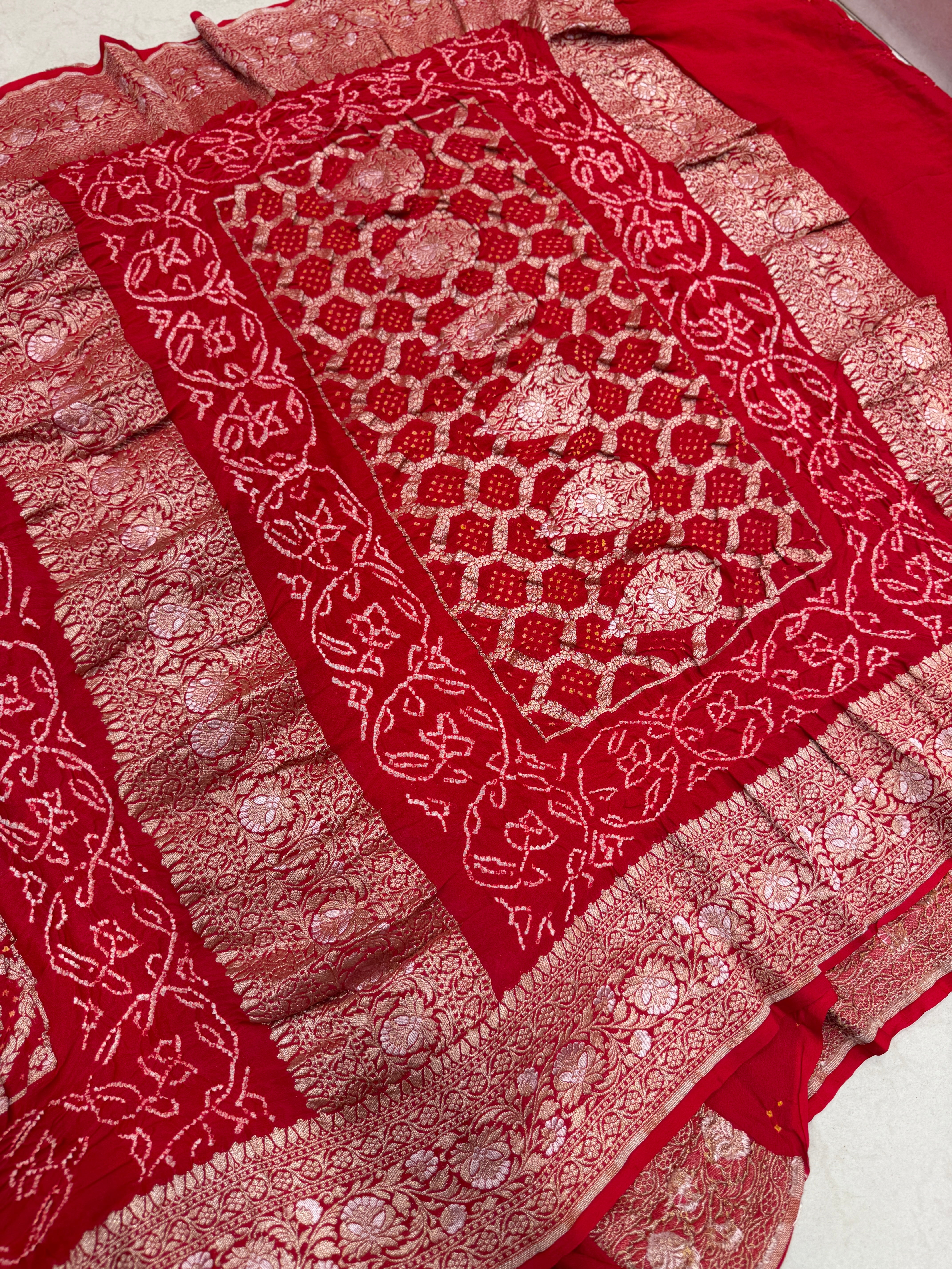 Red Sona Roopa Double Border Rai Bandhej Georgette Bandhini Saree