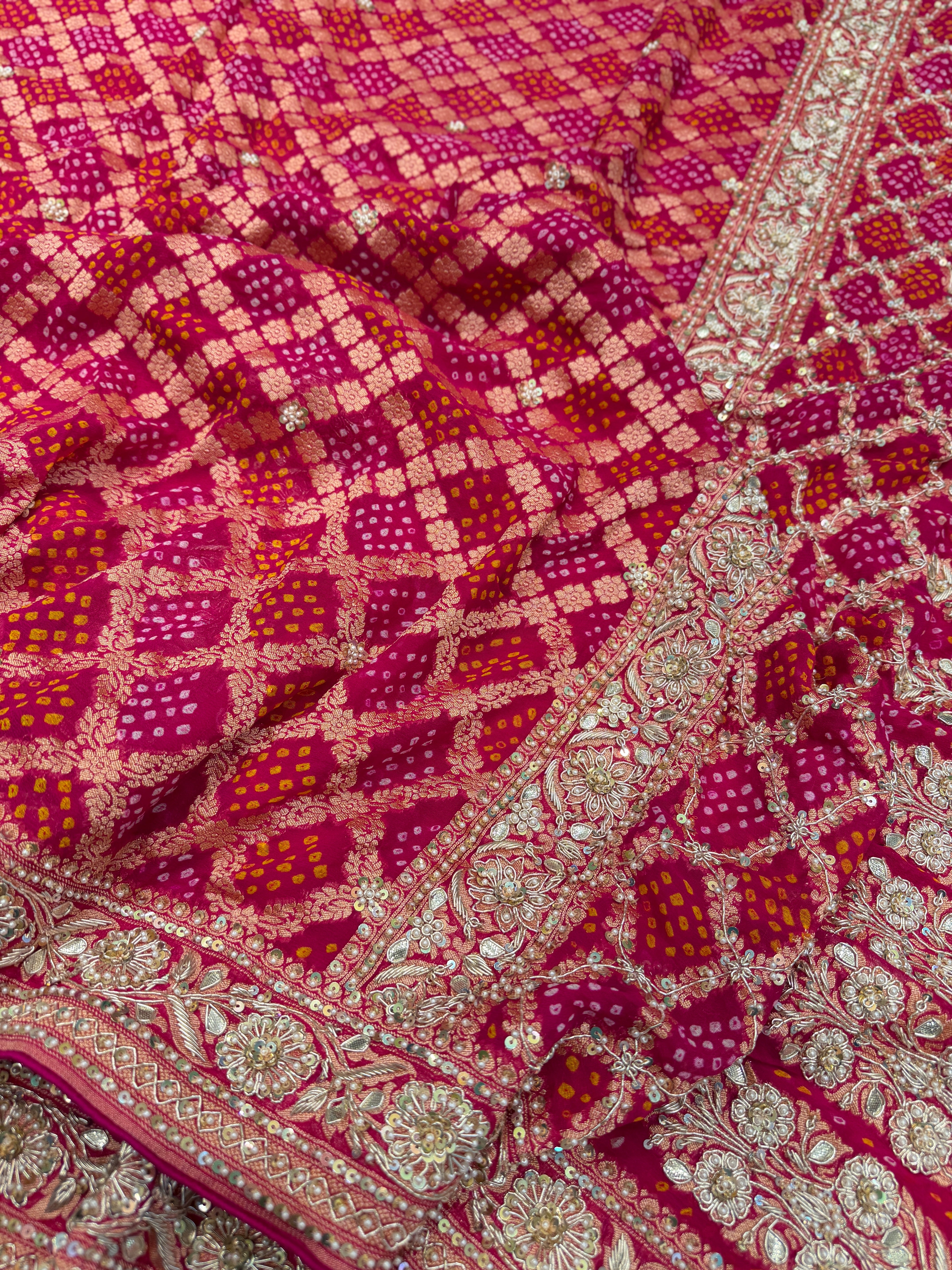 Rani Pink Rai Bandhej Zardosi Hand Embroidery Saree