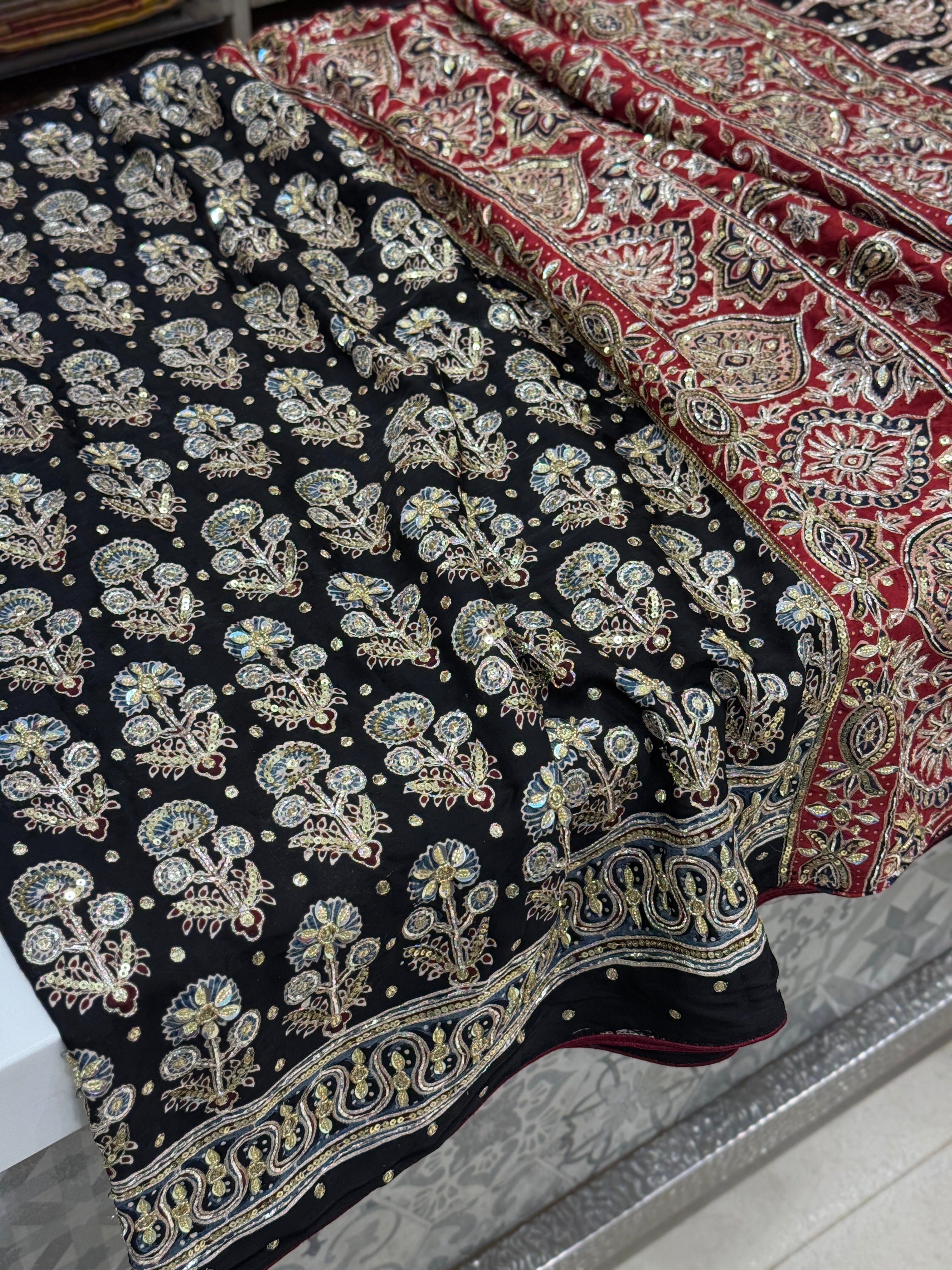 Black Floral Buttas Ajrakh Hand Embroidery Saree