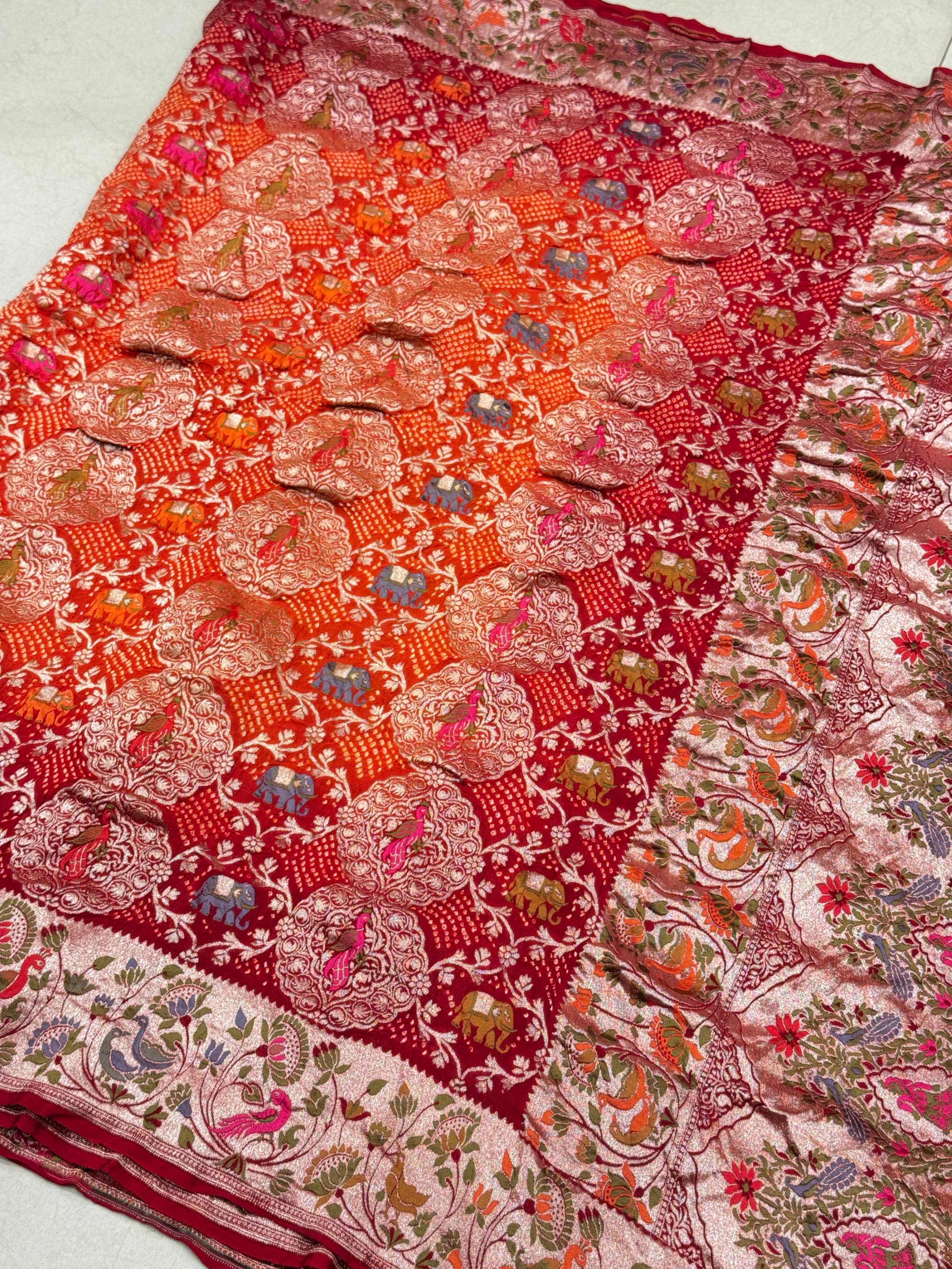 Red Orange Shaded Meenakari Rai Bandhej Shikara Saree