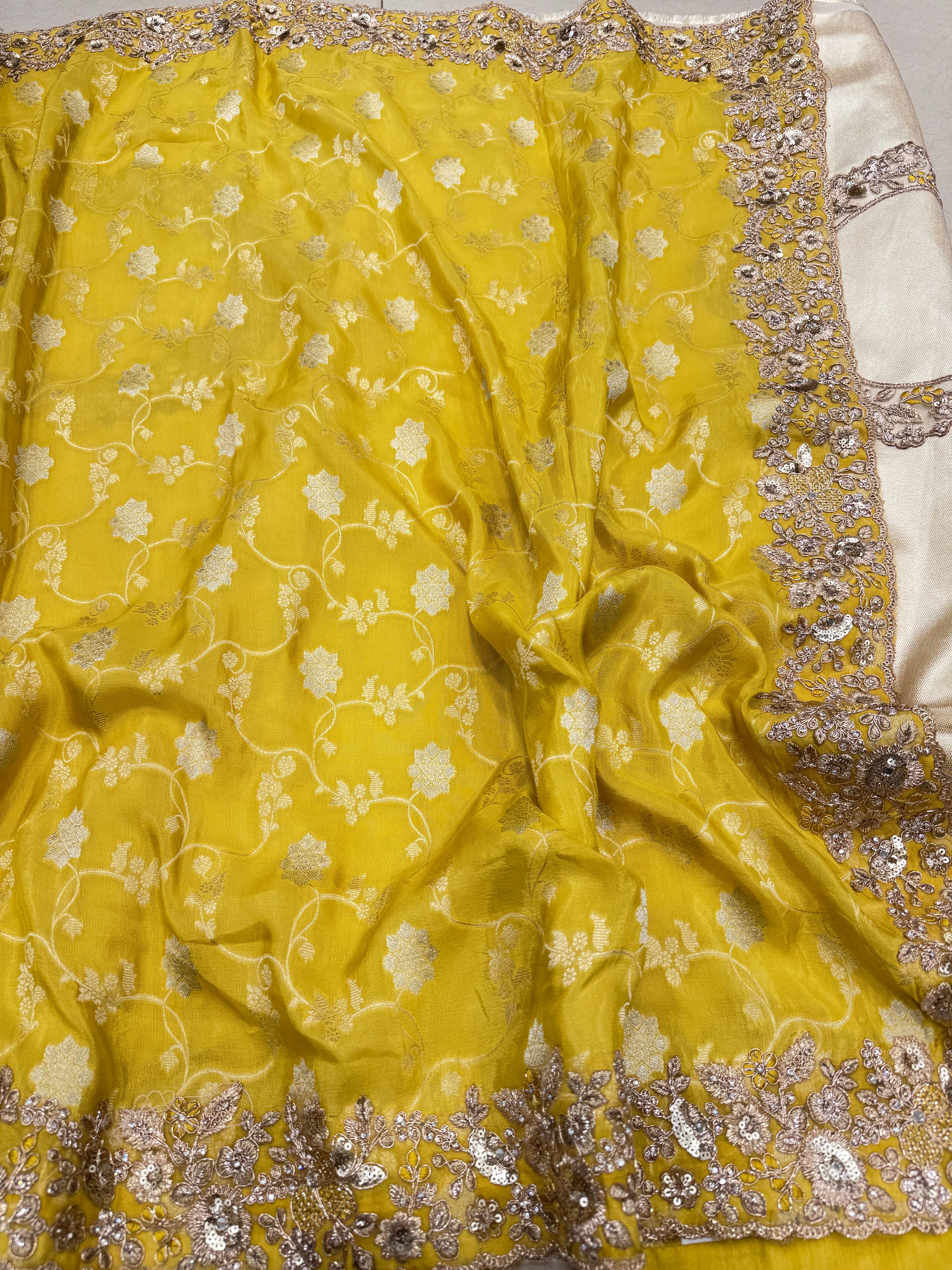 Yellow Tissue Embroidery Jaal Weaving Saree