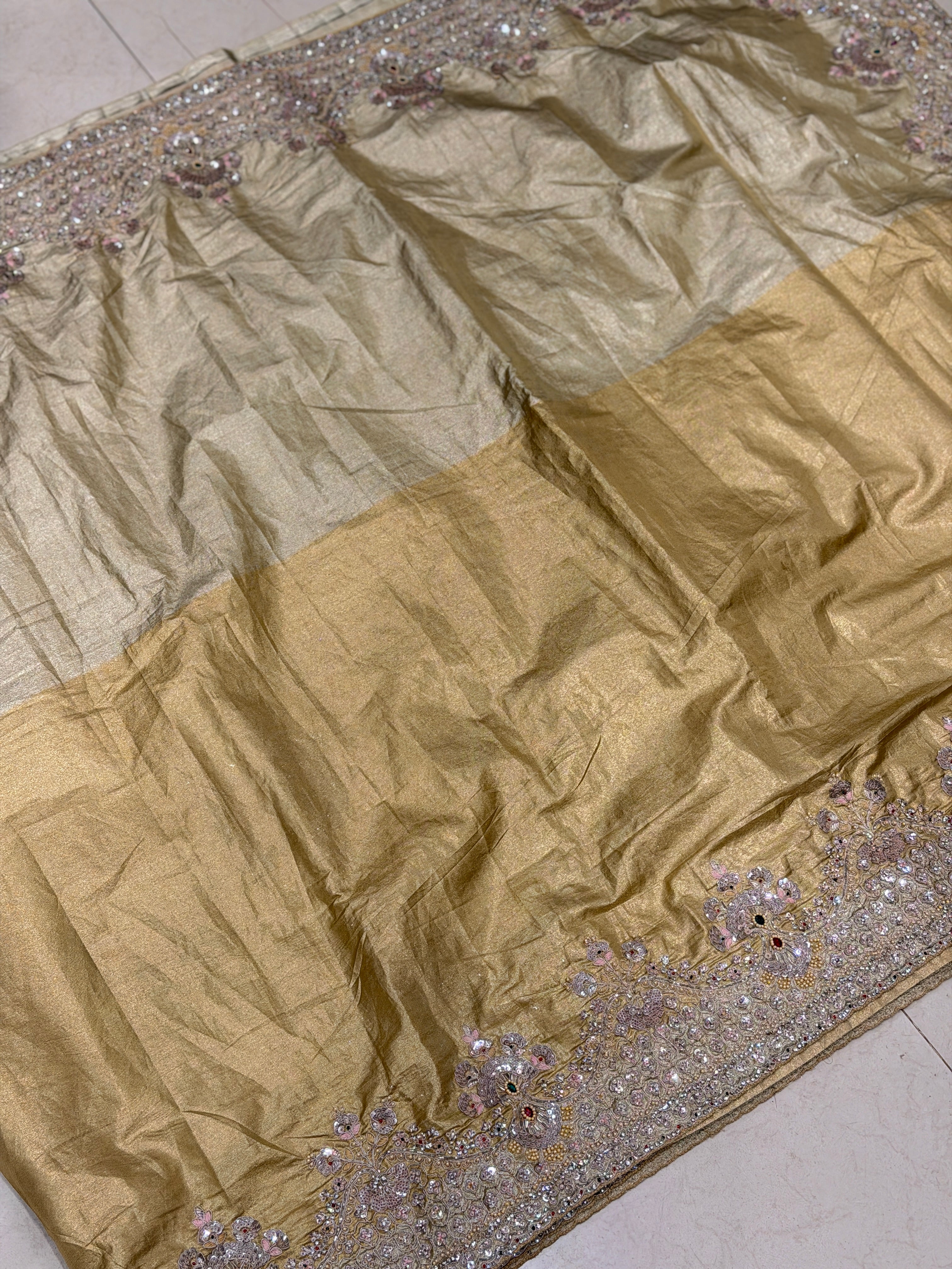 Golden Crushed Paper Tissue Silk Embroidery Saree