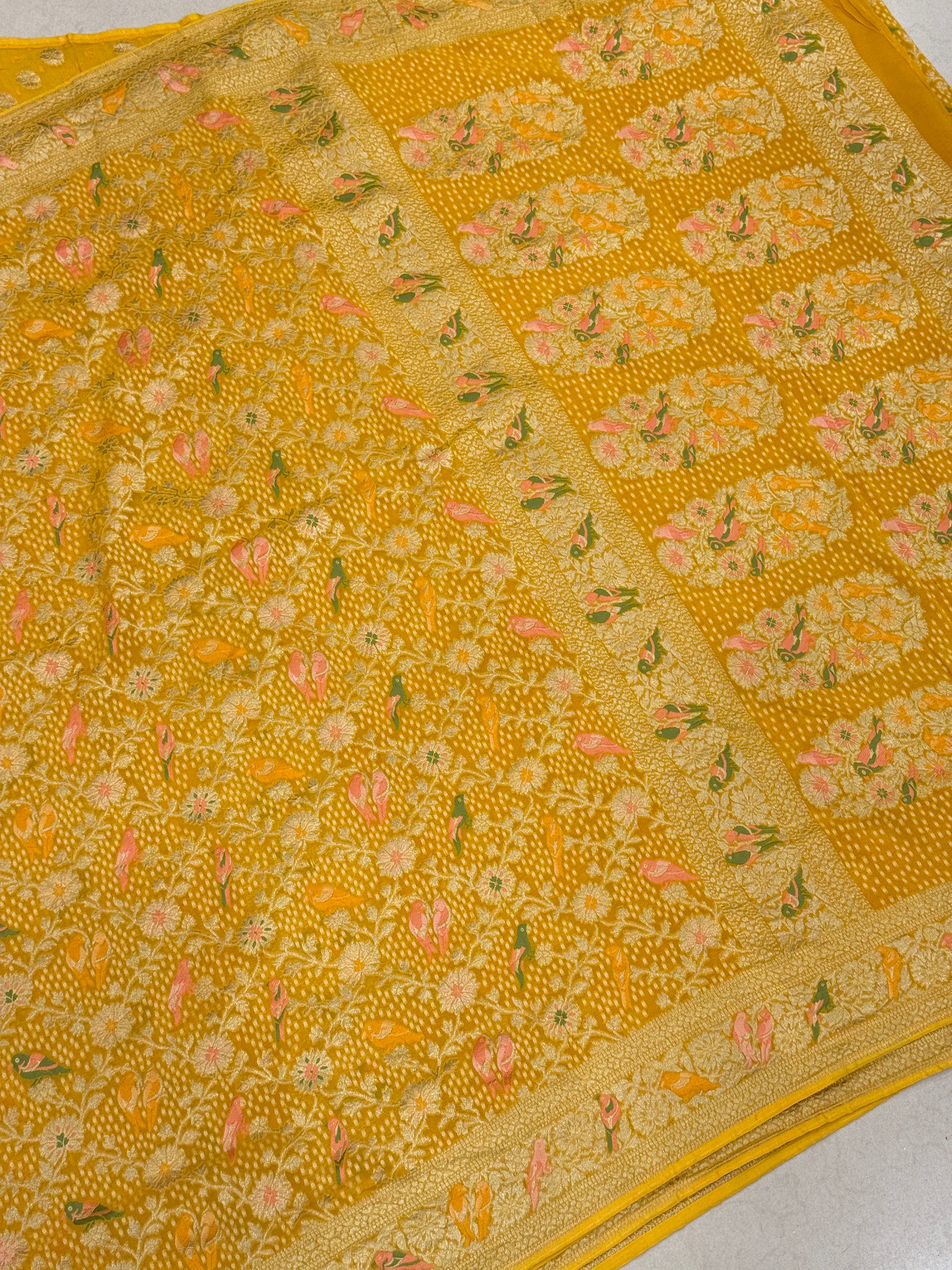 Yellow Woven Bandhej Meenakari Parrot Motif Saree