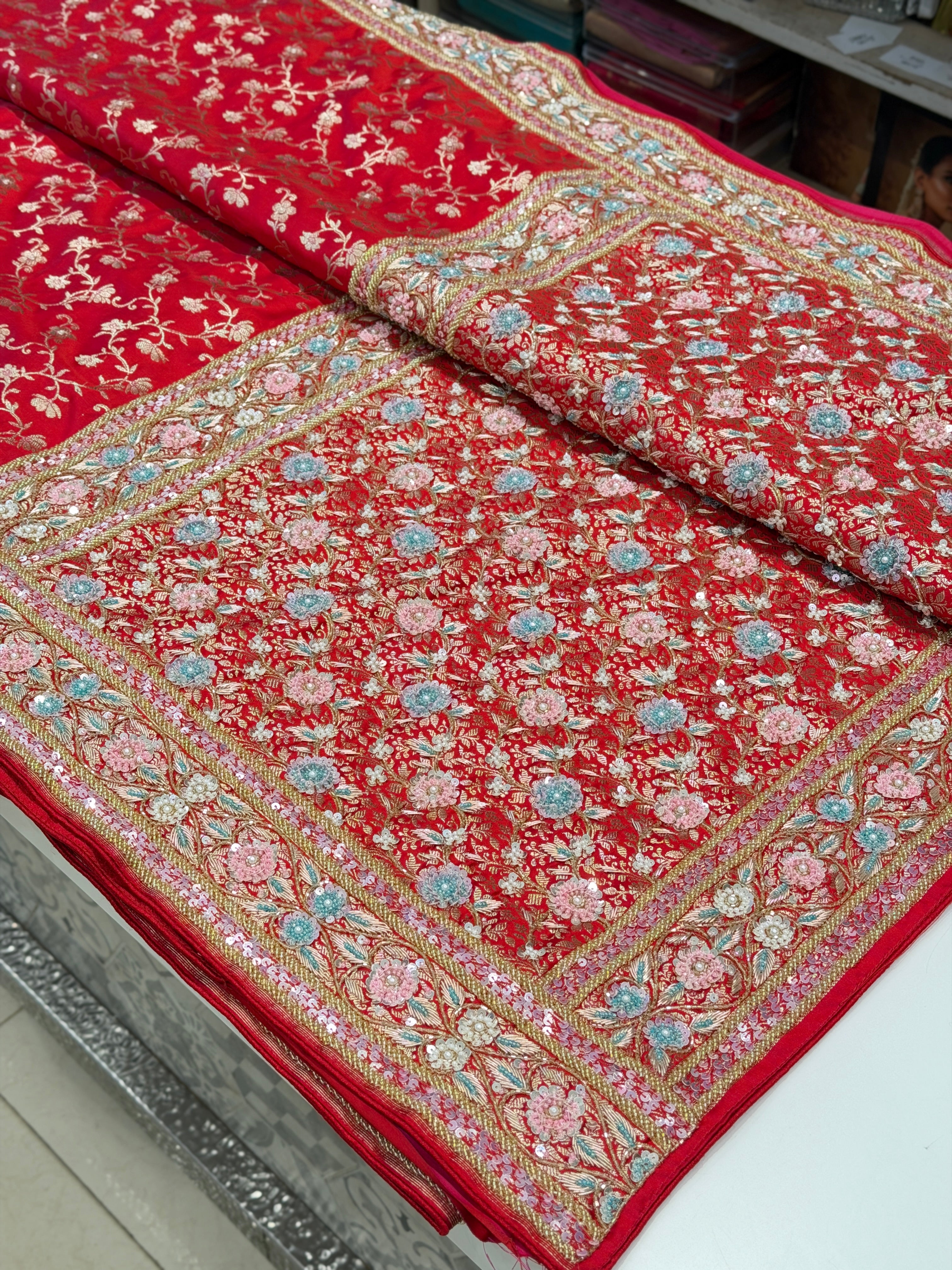 Red Banarasi Pine Jaal Moti Zardosi Hand Embroidery Saree