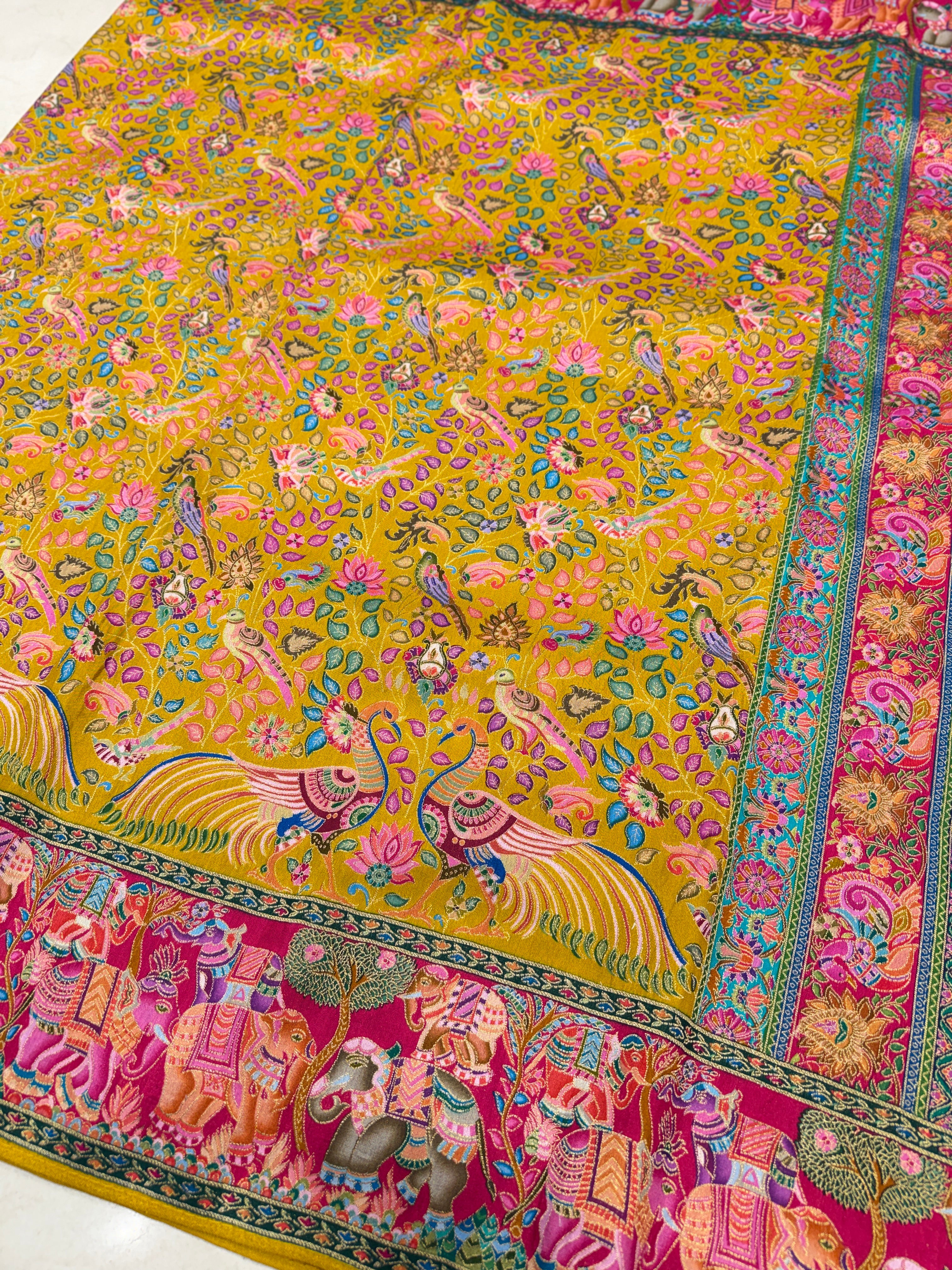 Yellow Rani Weaved Pashmina Style Multi Colour Saree