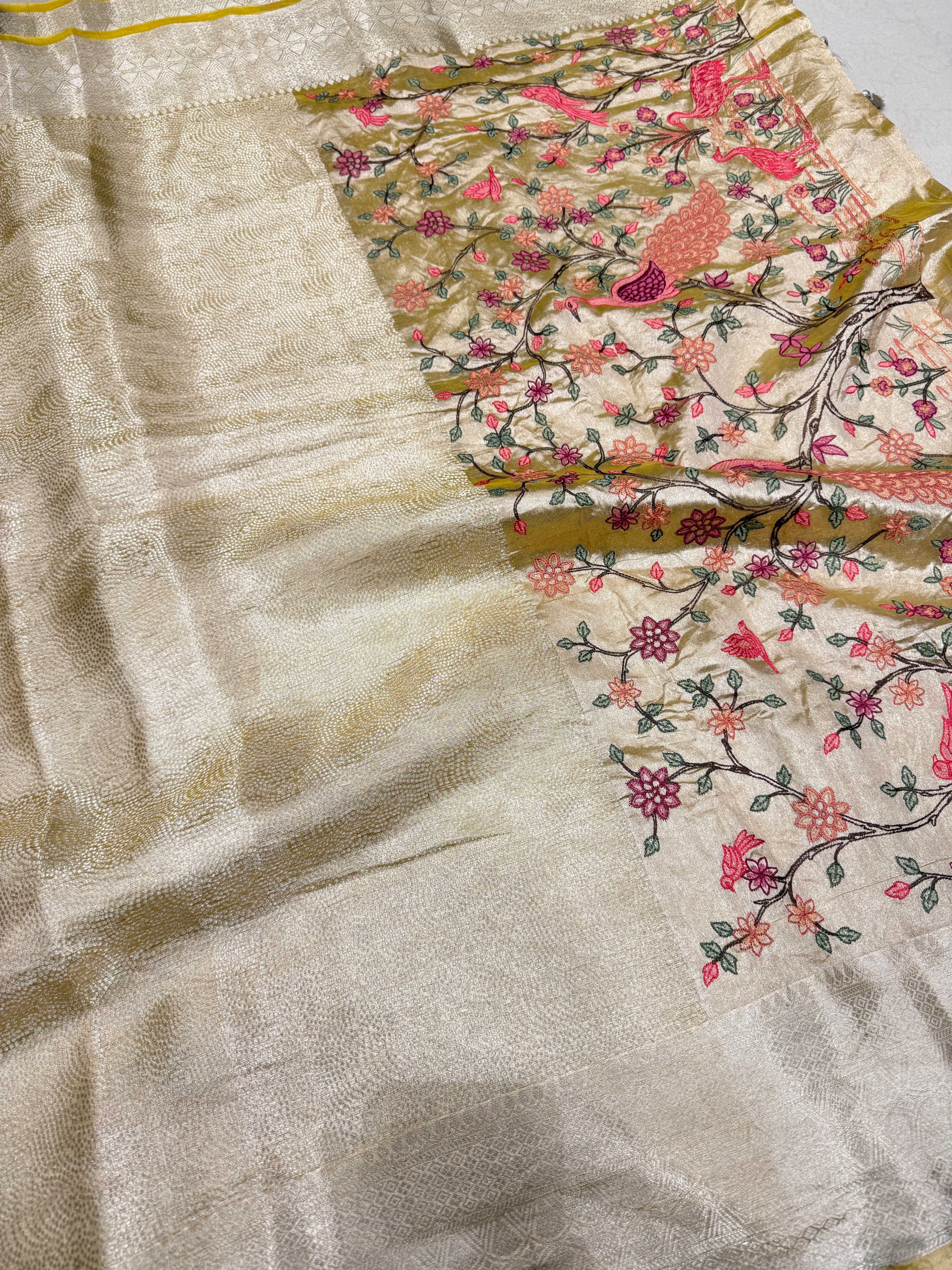Yellow Handloom Tissue Peacock Contemporary Resham Embroidery Saree