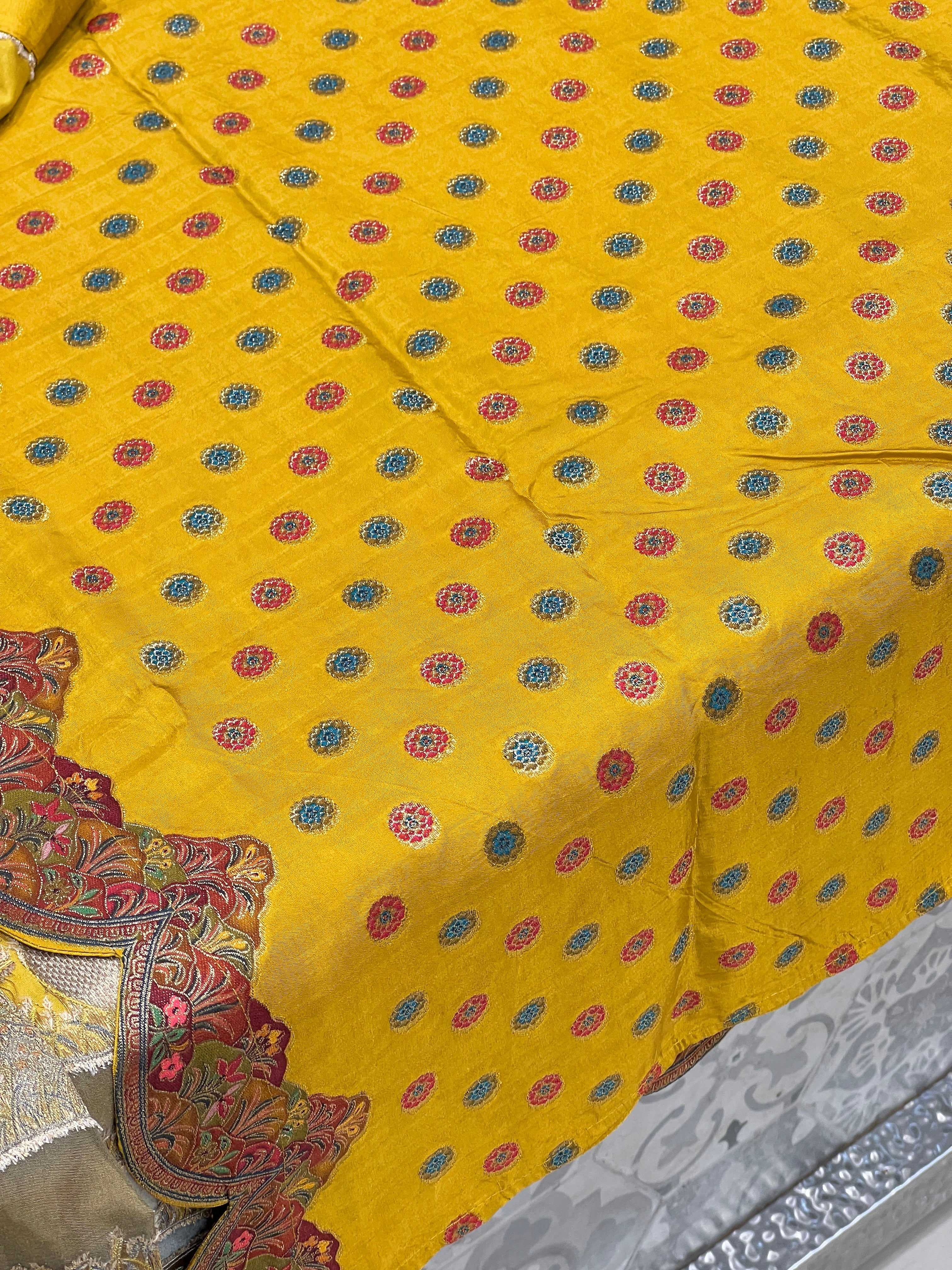 Yellow Munga Silk Landscape Saree