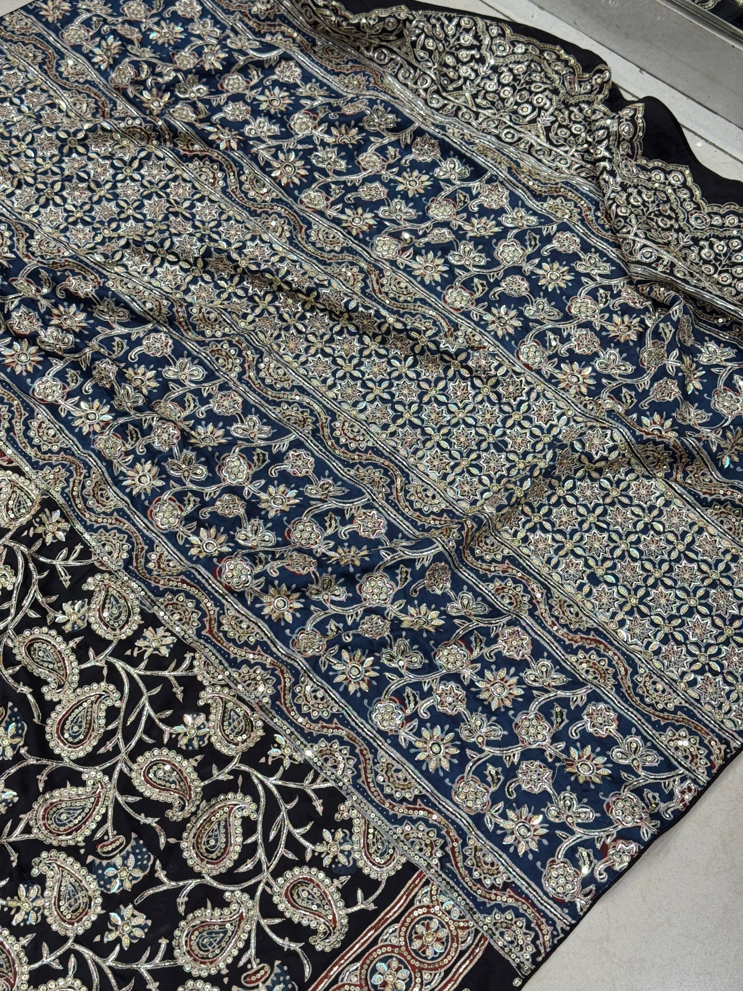 Black Blue Pallu Ajrakh Badam Jaal Hand Embroidery Zardosi and Pita Work