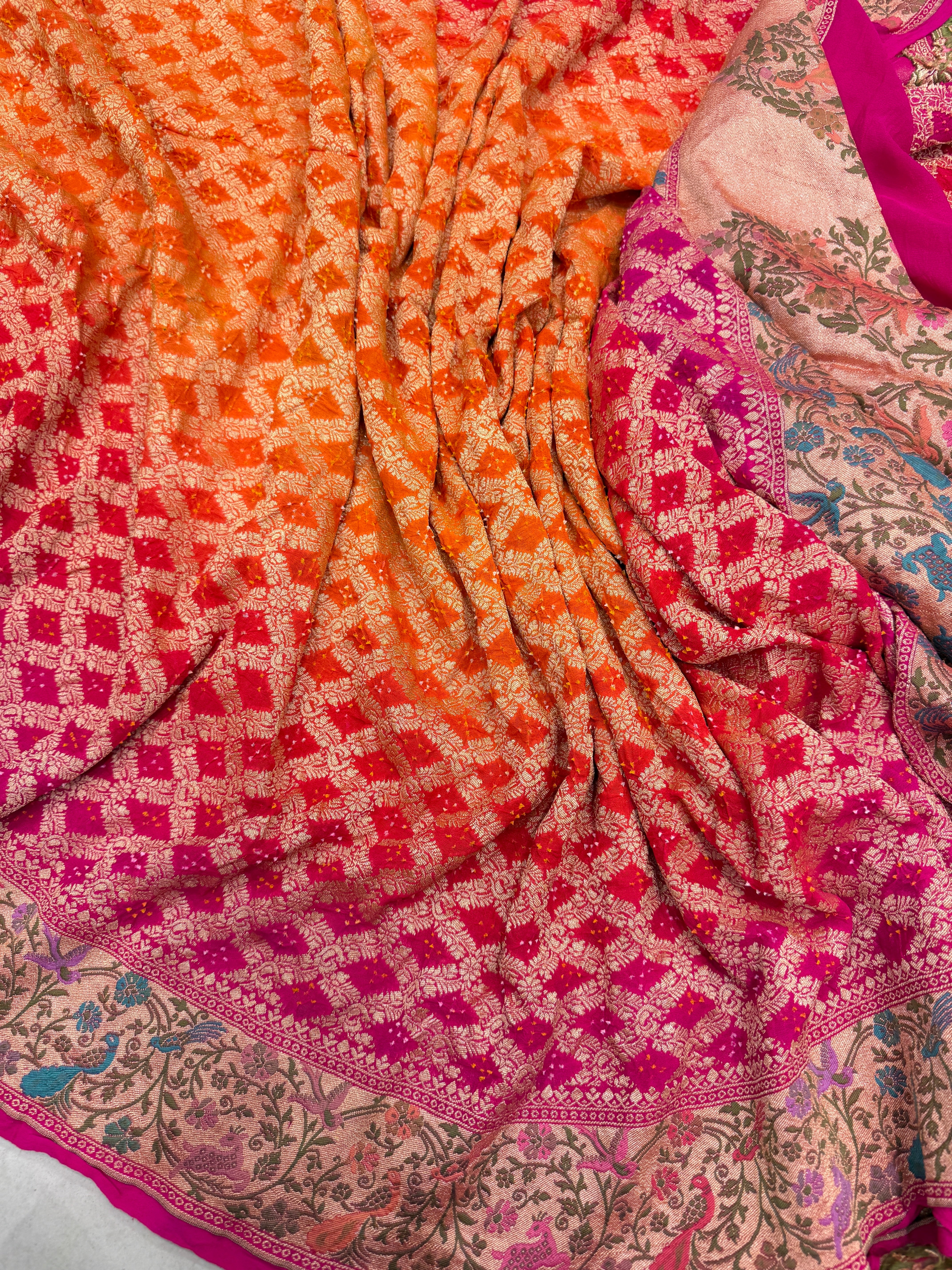 Rani Orange Shaded Shikara Border Meenakari Rai Bandhej Georgette Bandhini Saree