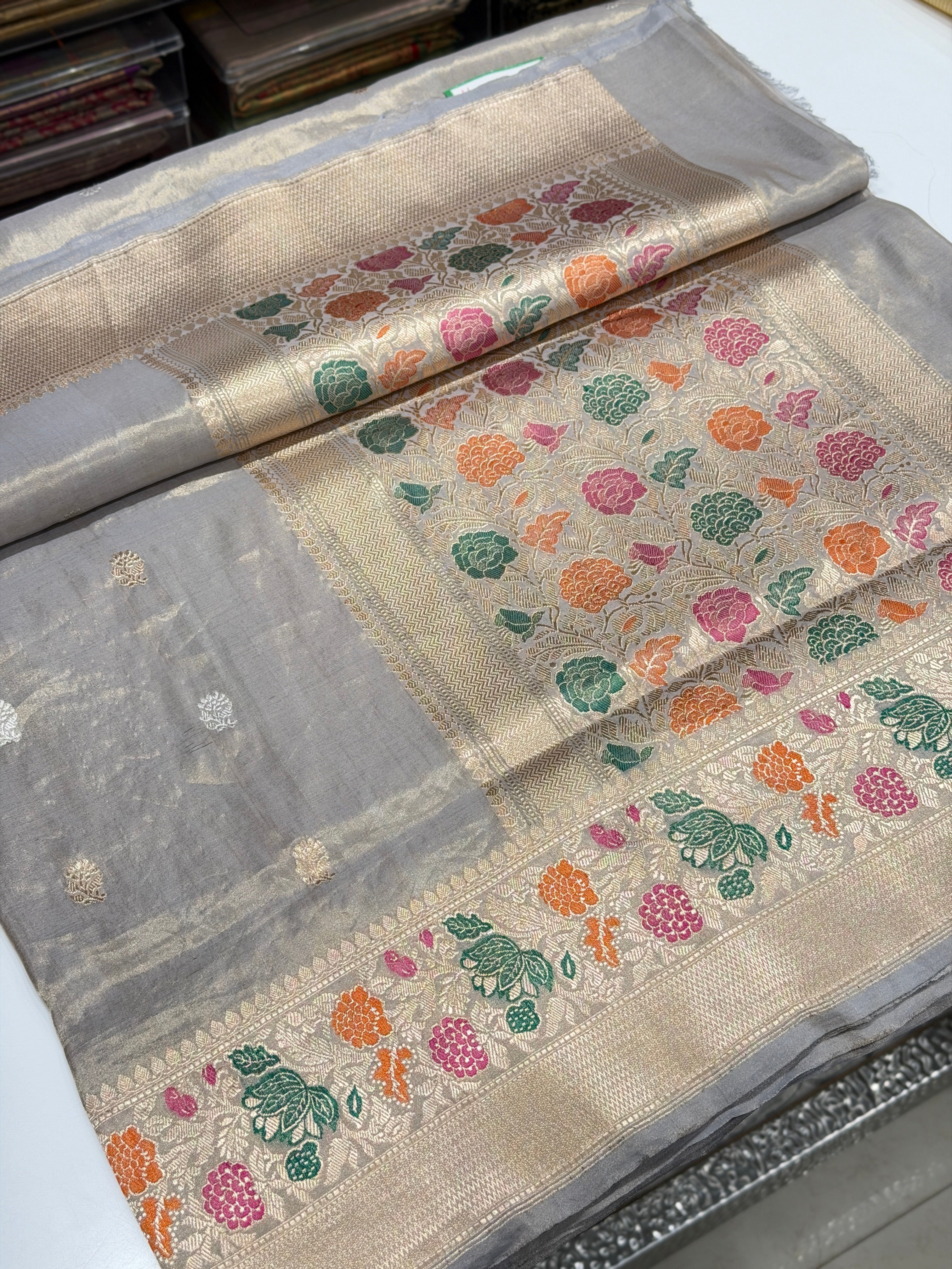 Space Grey Banarasi Katan Silk Tissue Handloom Kadwa Saree