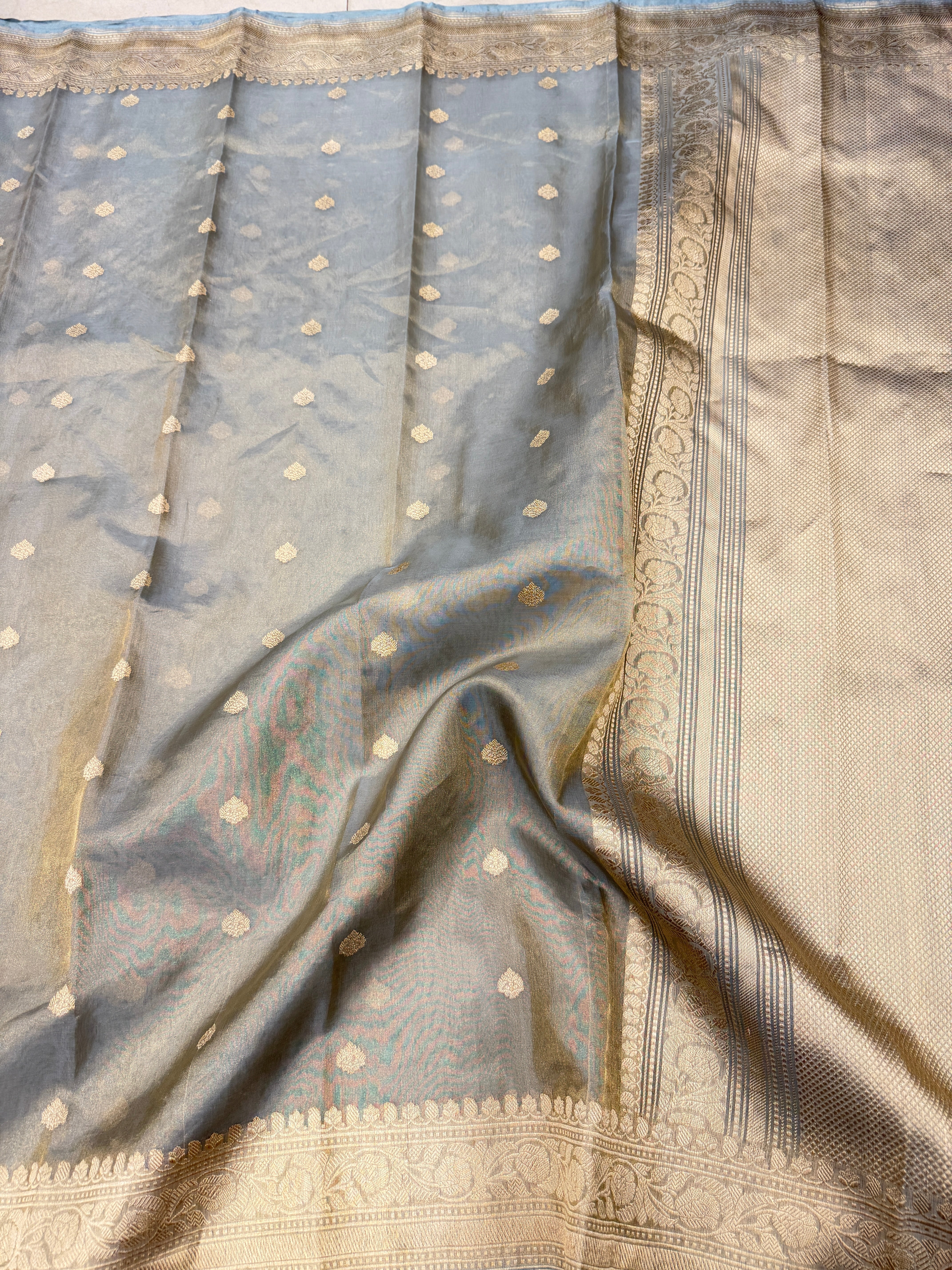 Cement Blue Handloom Banarasi Tissue Kadwa Buttis Saree