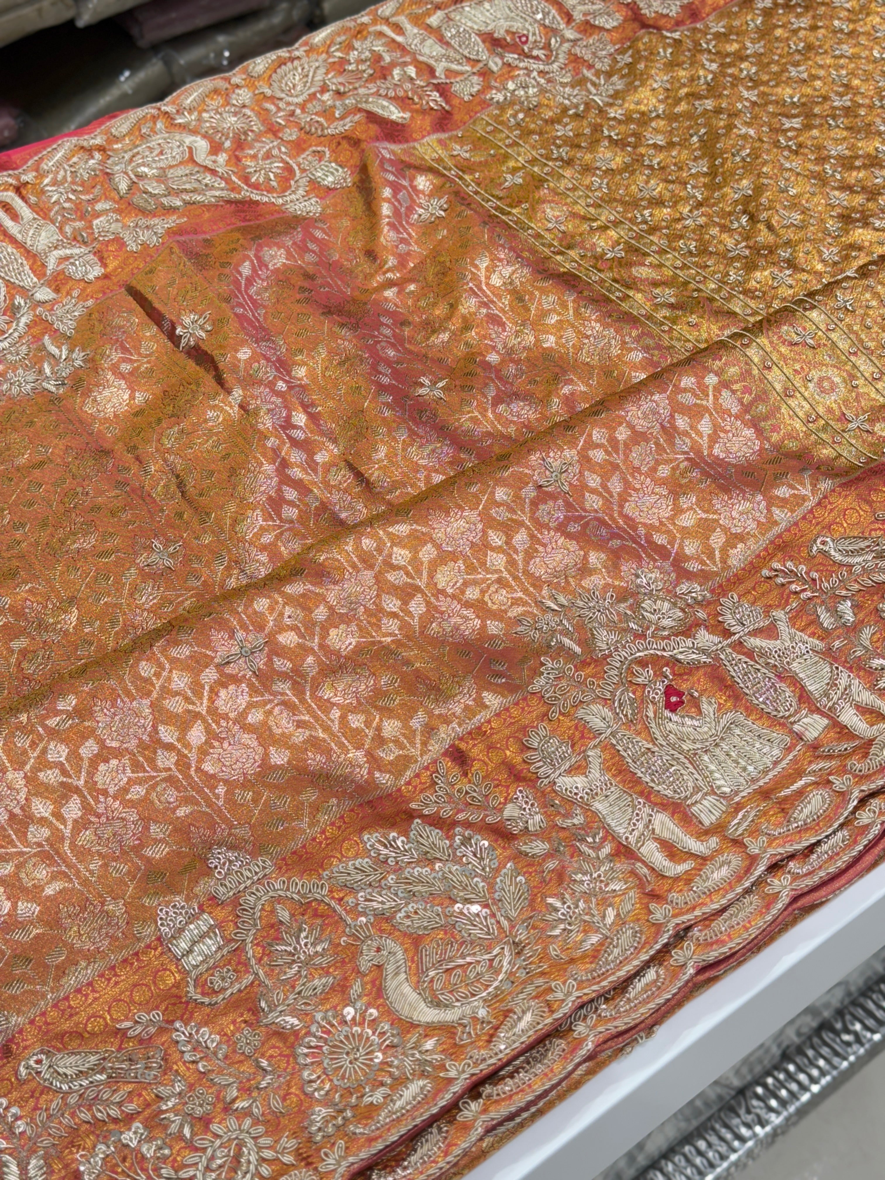 Rust Tissue Kanjivaram Zardosi Doli Hand Embroidery Saree