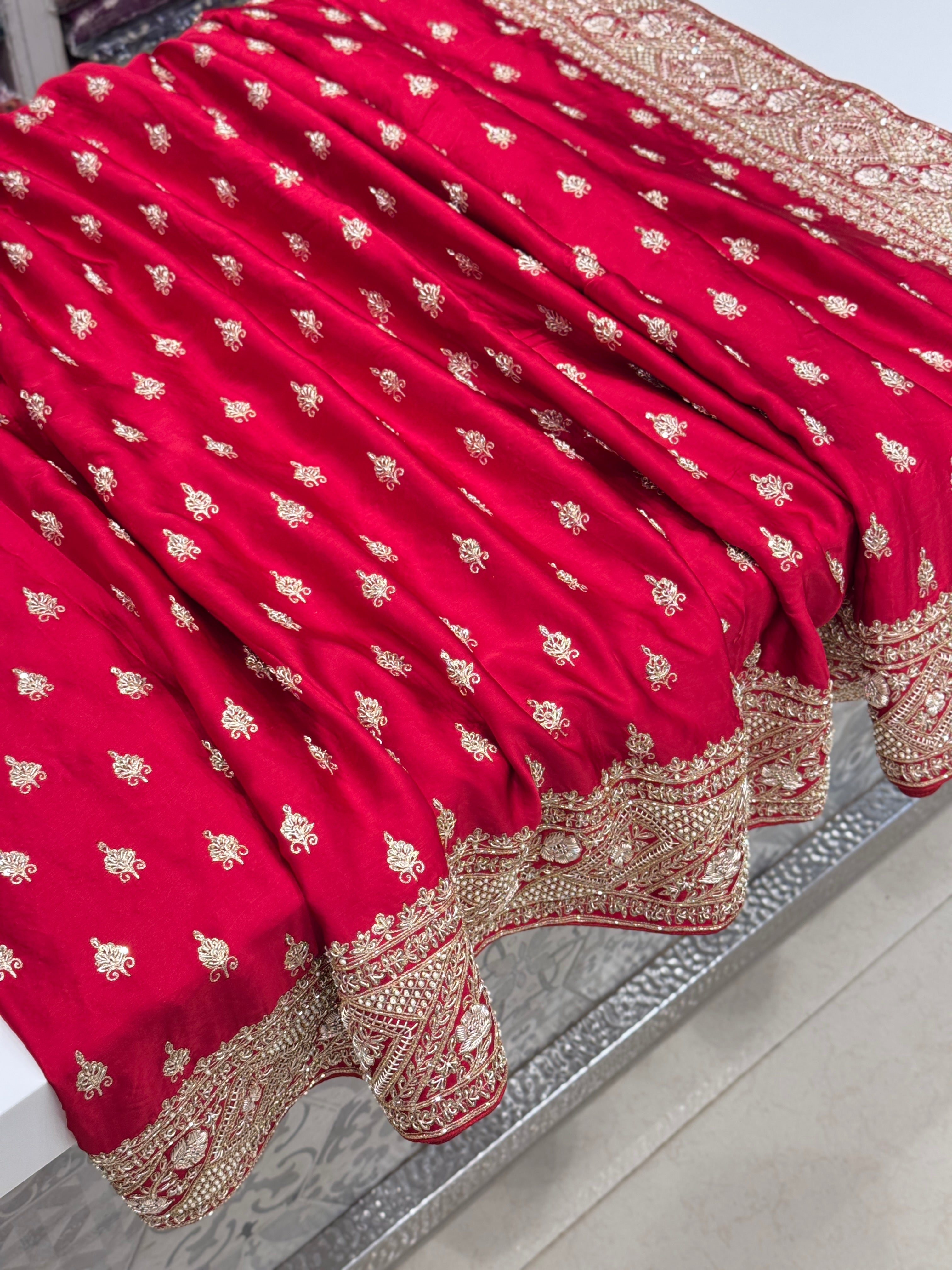Red Hand Embroidery Buttis Pure Satin Zardosi Embroidery
