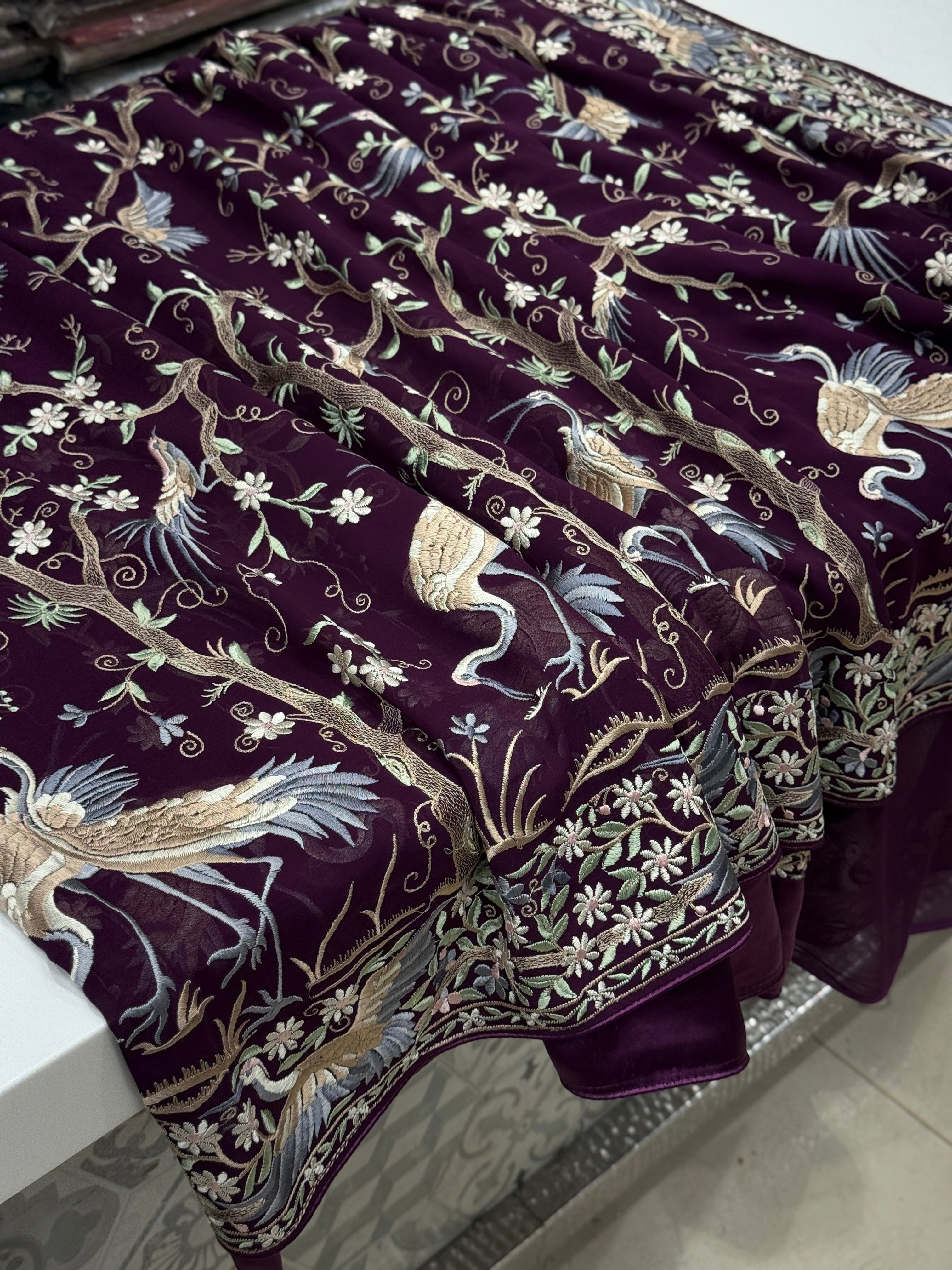 Wine Tree Of Life Flamingo Parsi Gara Saree