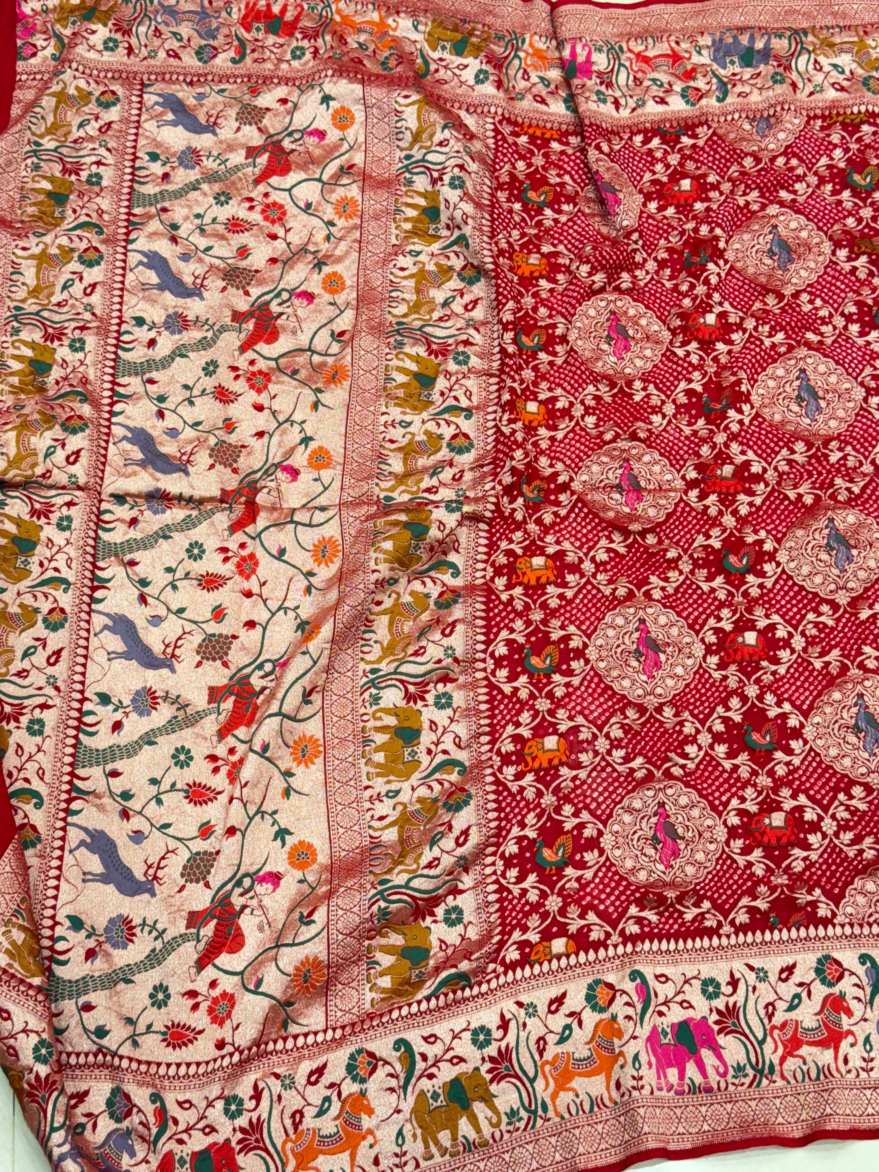 Red Handloom Meenakari Rai Bandhej Pure Zari Dupatta