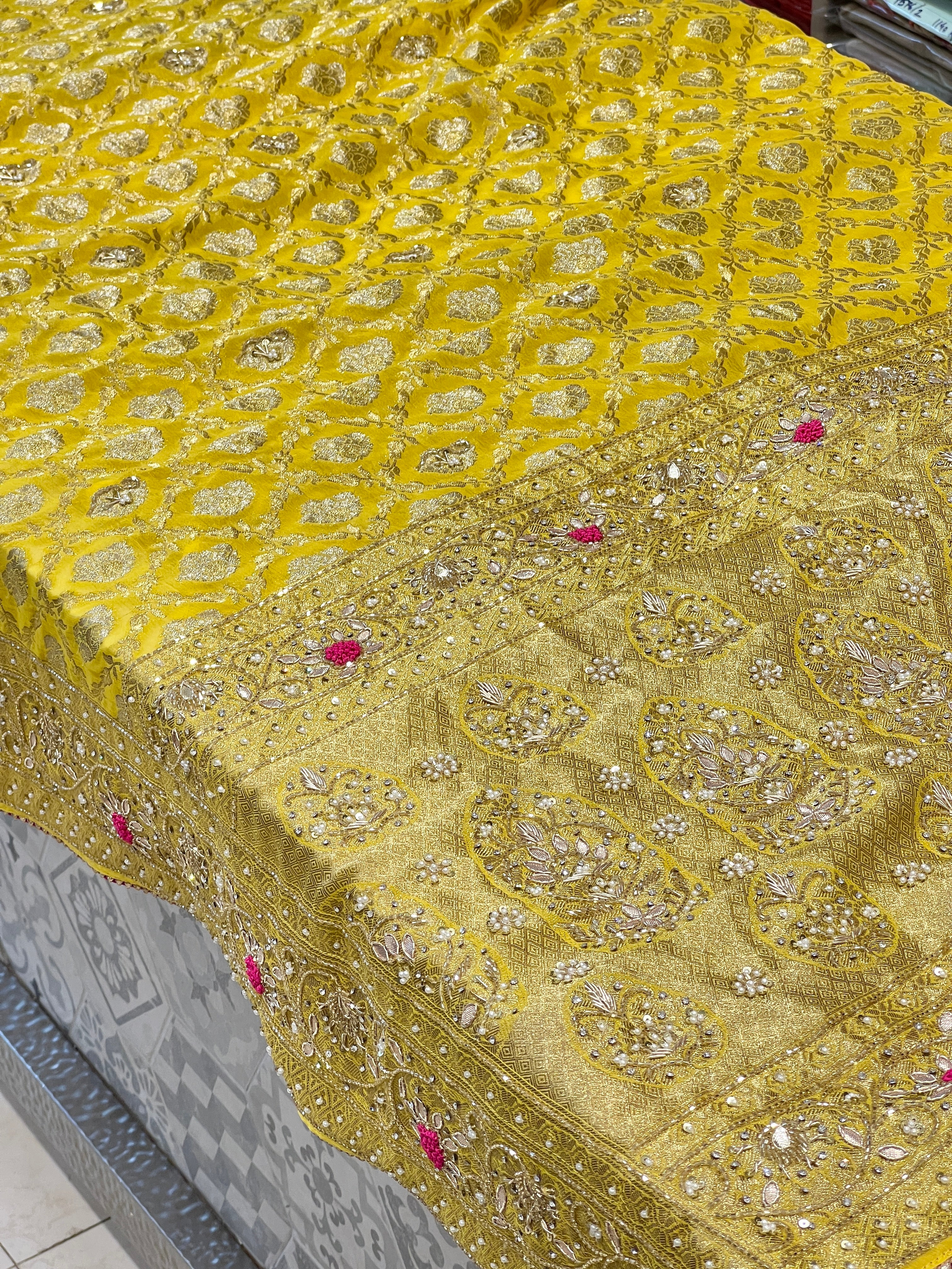 Yellow Banarasi Khaddi Georgette Hand Embroidery Saree