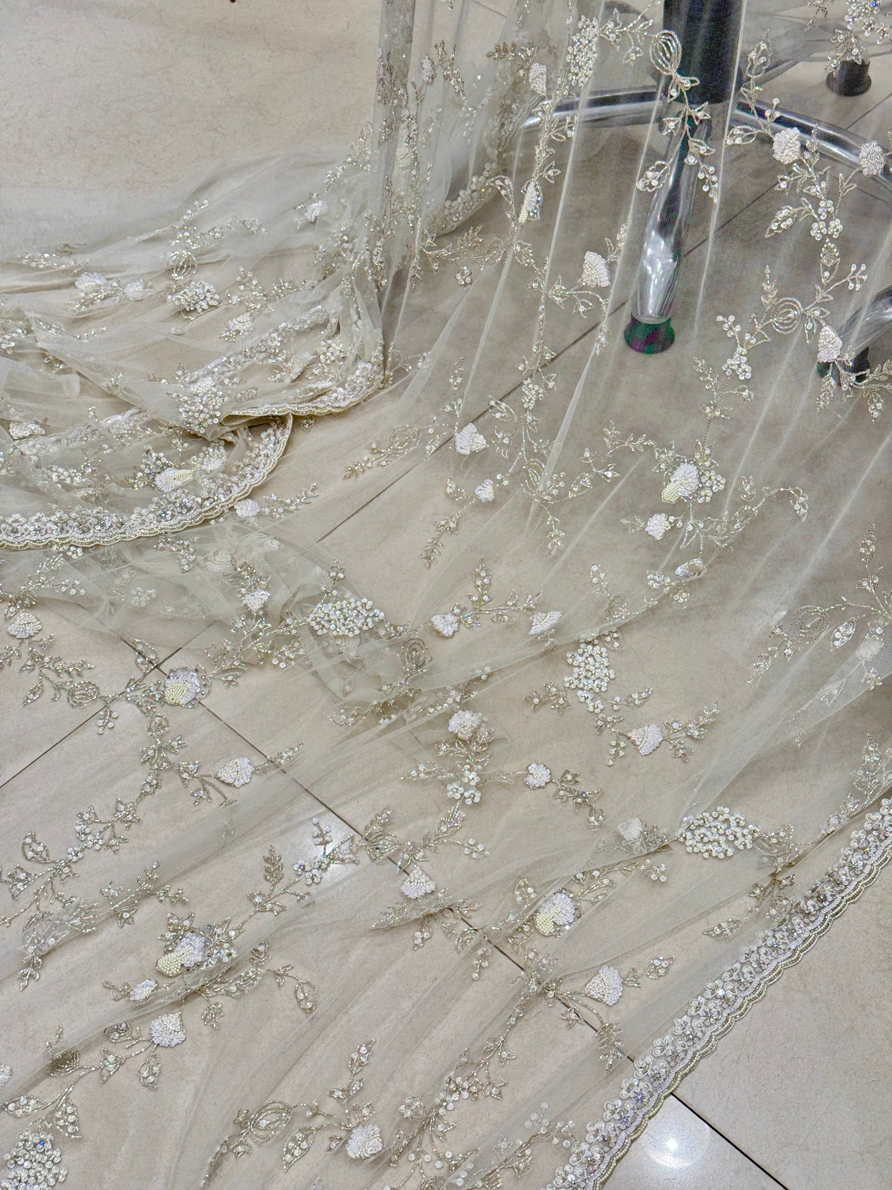 White Hand Embroidery Net Saree Sequin and Salli Embroidery