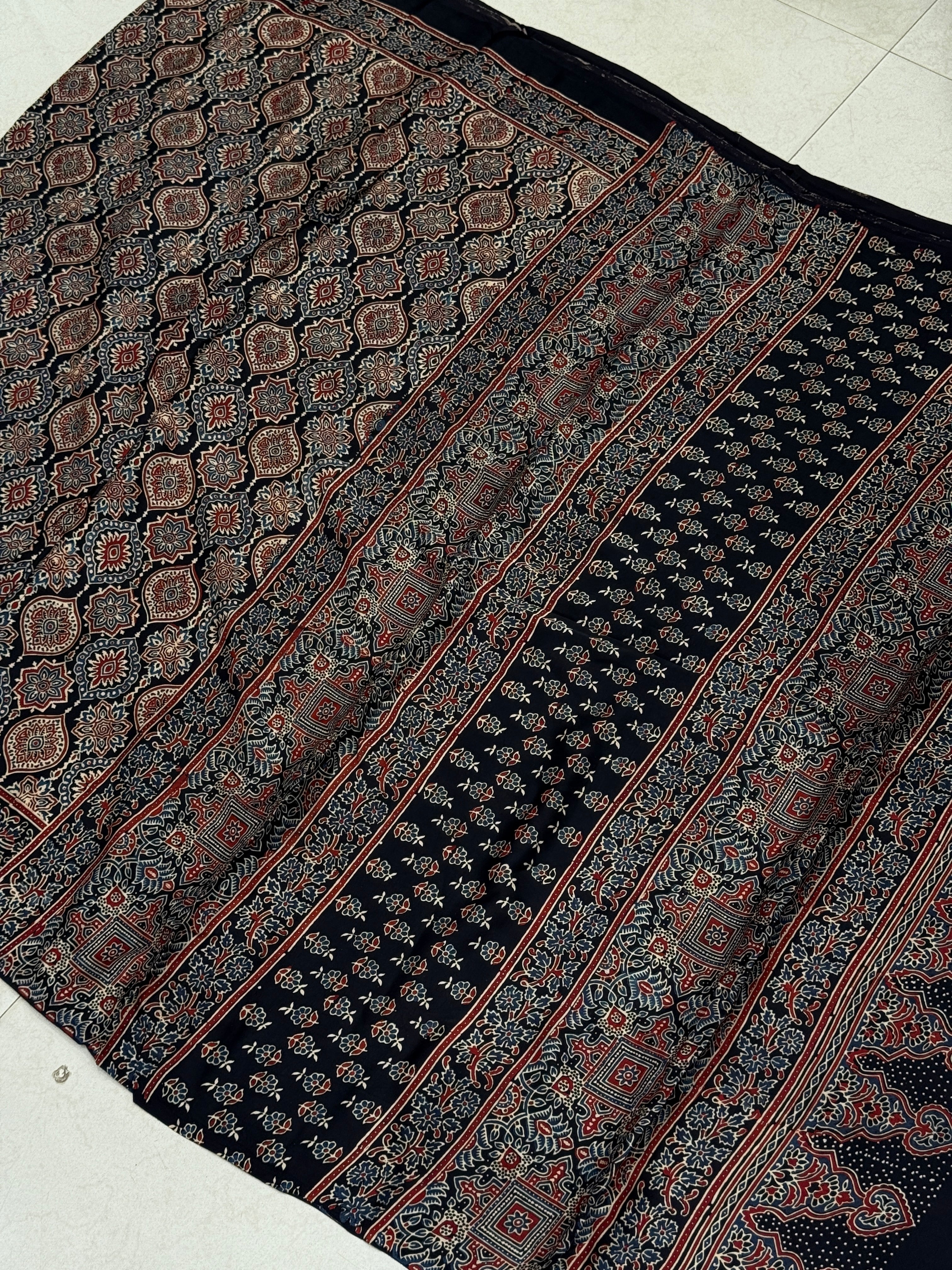 Black Badam Jaal Ajrakh Block Print Hand Pure Gajji Silk Saree