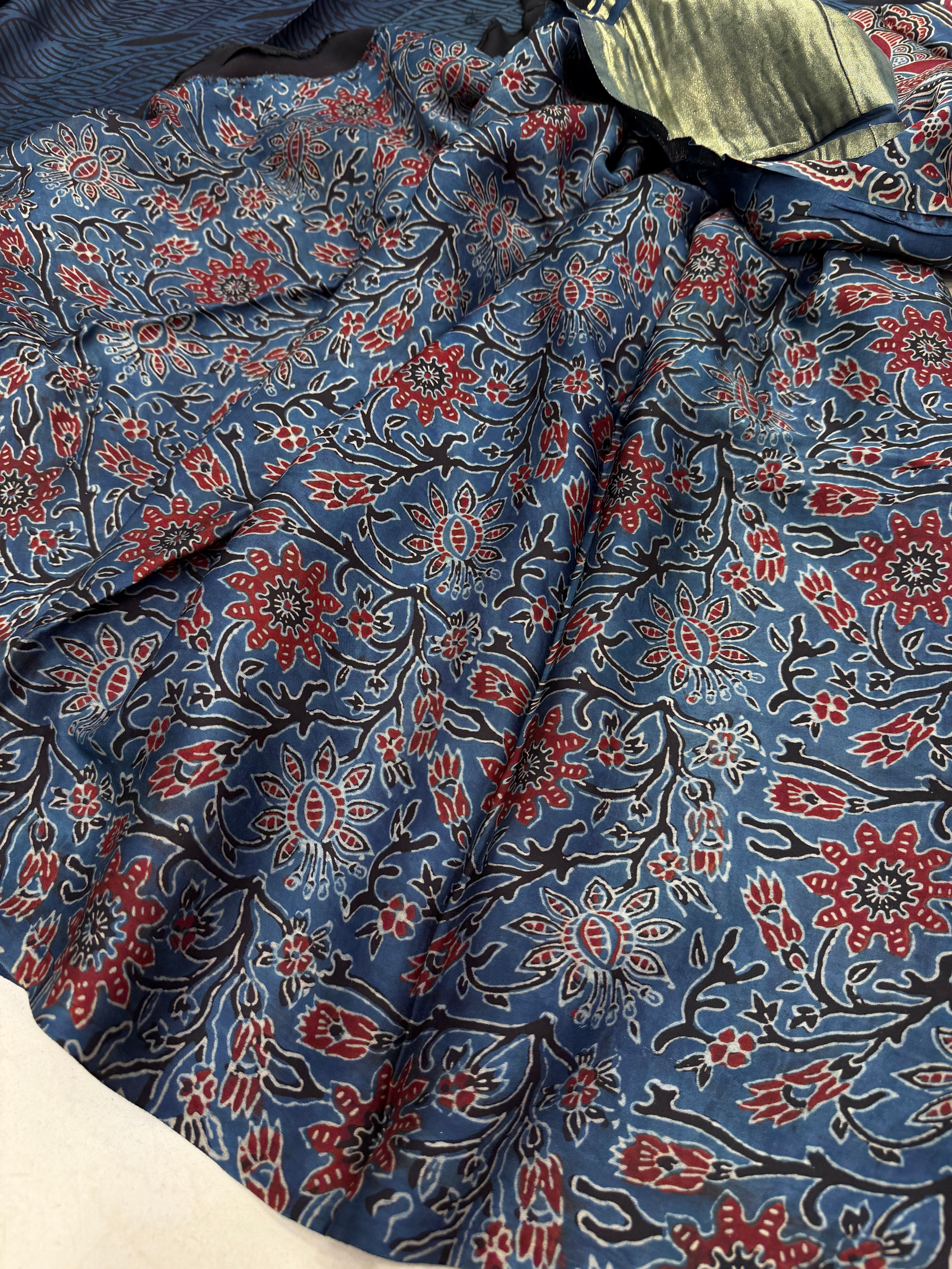 Blue Checks Red Dotts Lagdipatta Ajrakh Hand Block Print Pure Modal Silk Saree