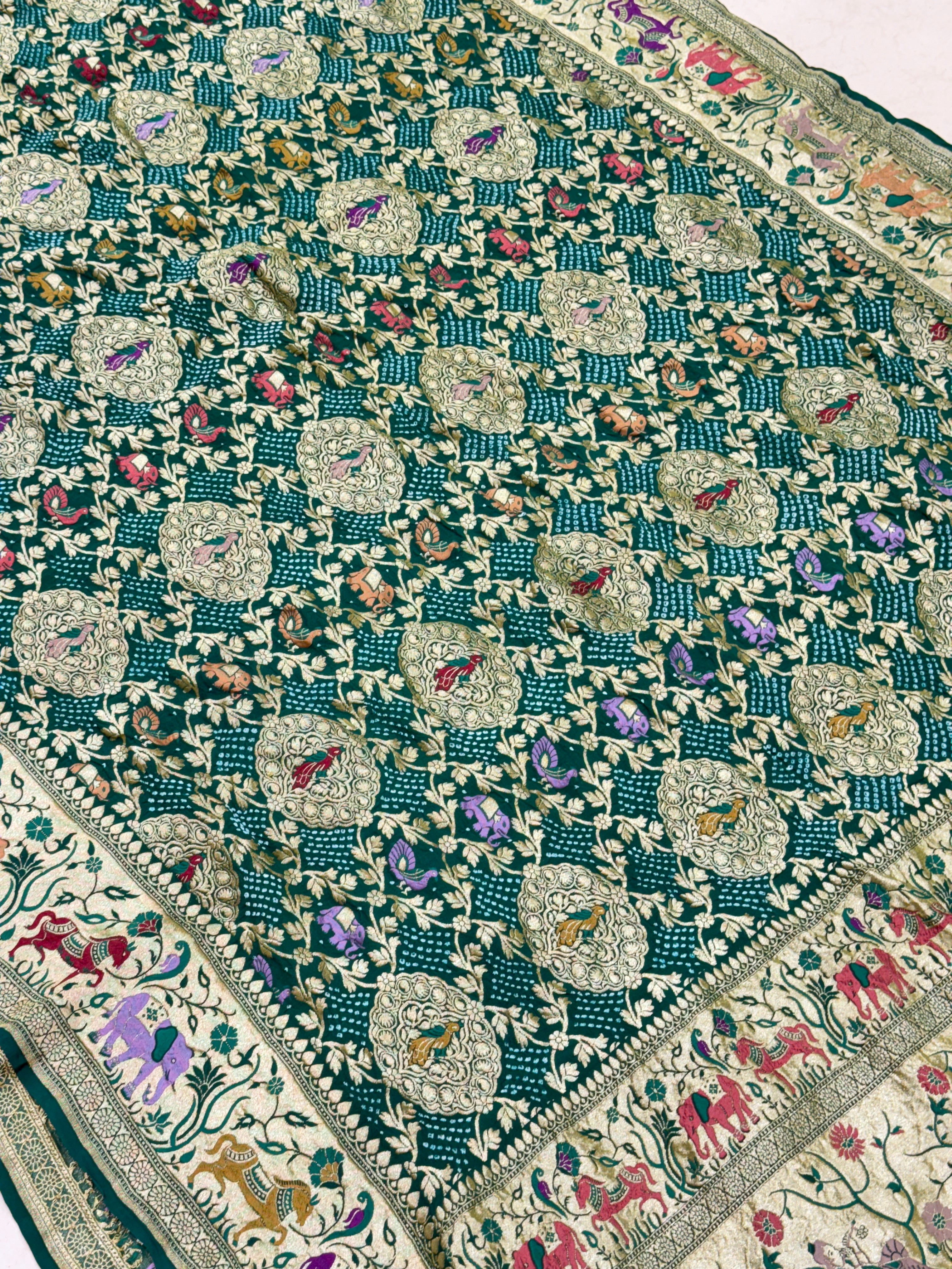 Bottle Green Bandhej Meenakari Kadwa Saree