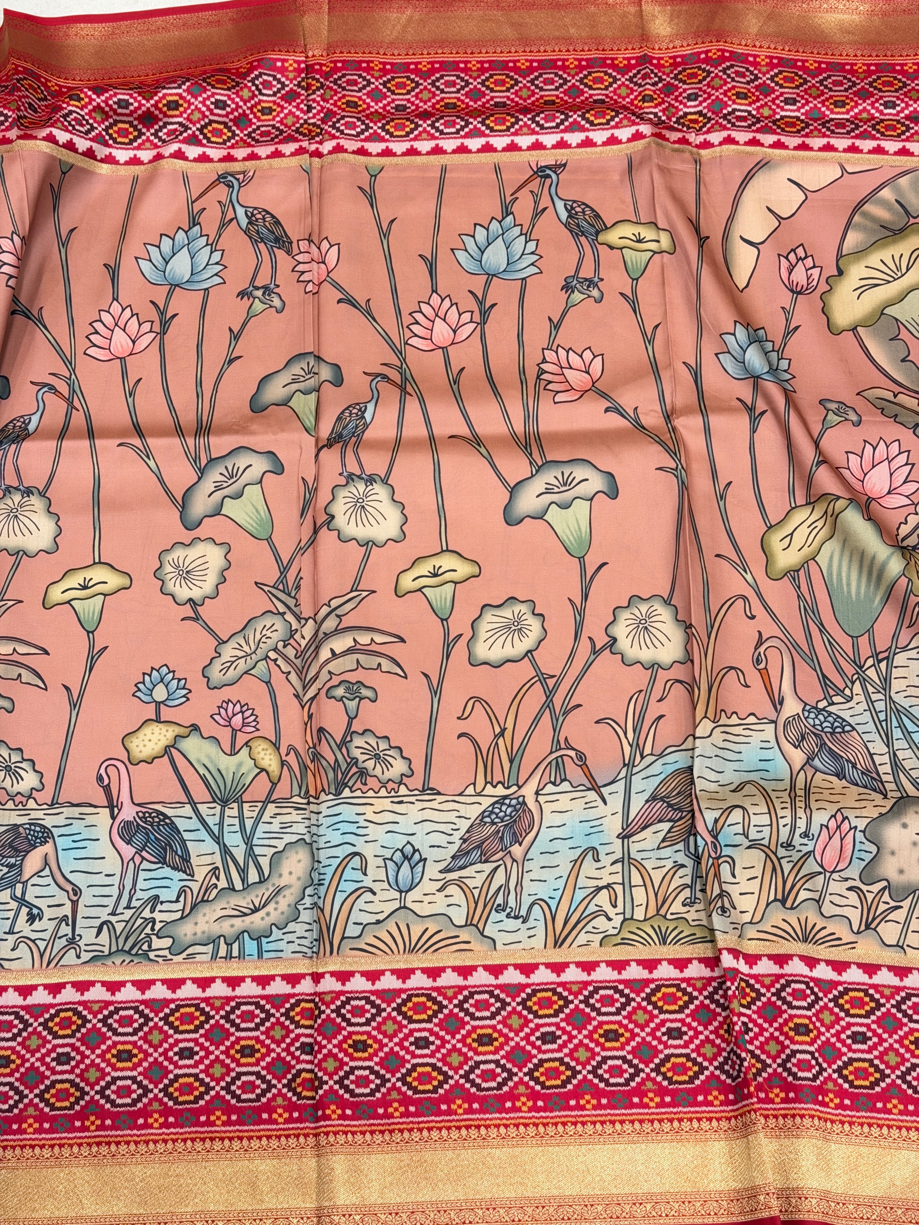 Pink Kalamkari Print Patola Weaved Soft Silk Saree