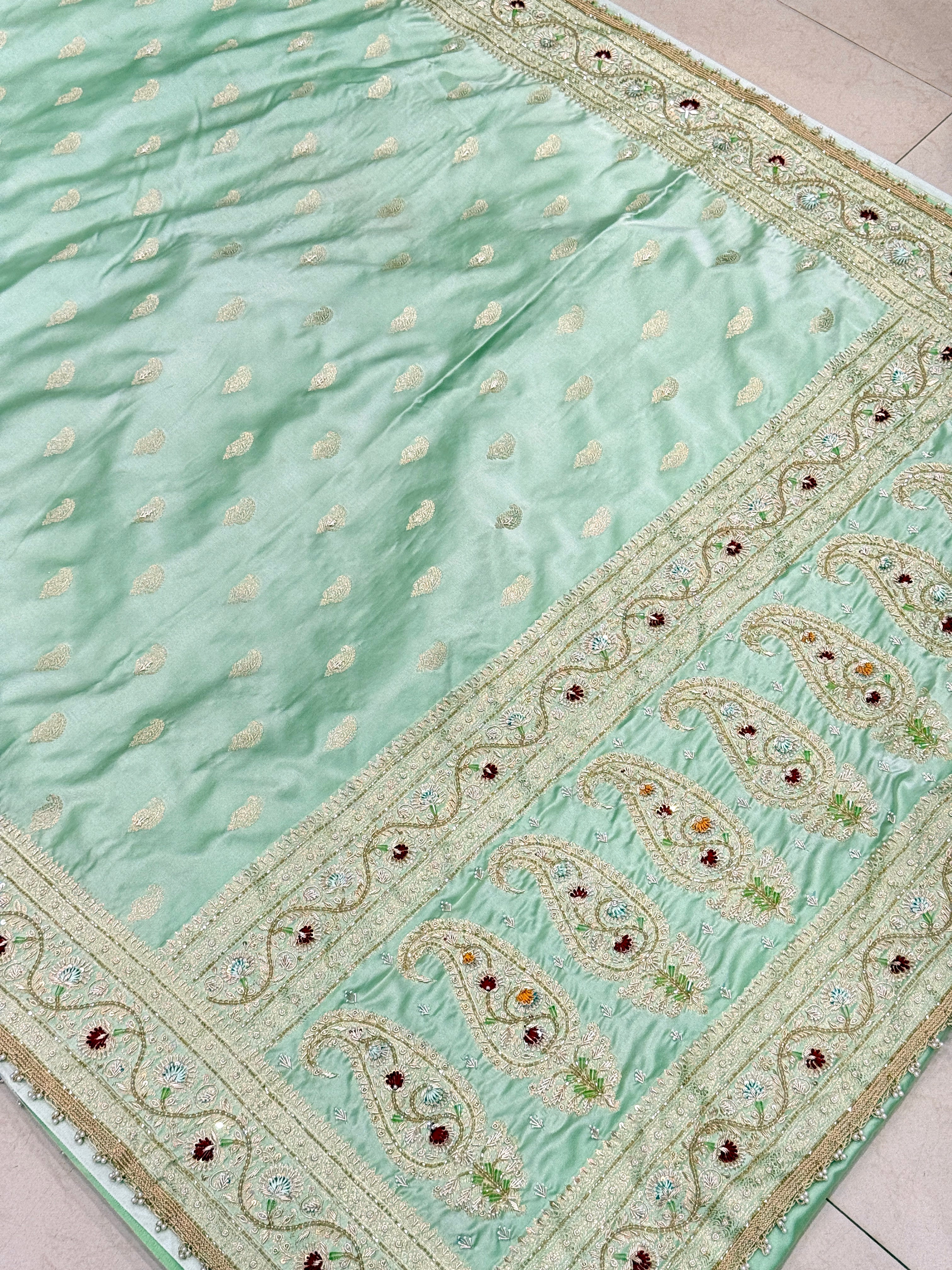 Pista Green Banarasi Meenakari Buttis Zardosi Knot Embroidery Saree