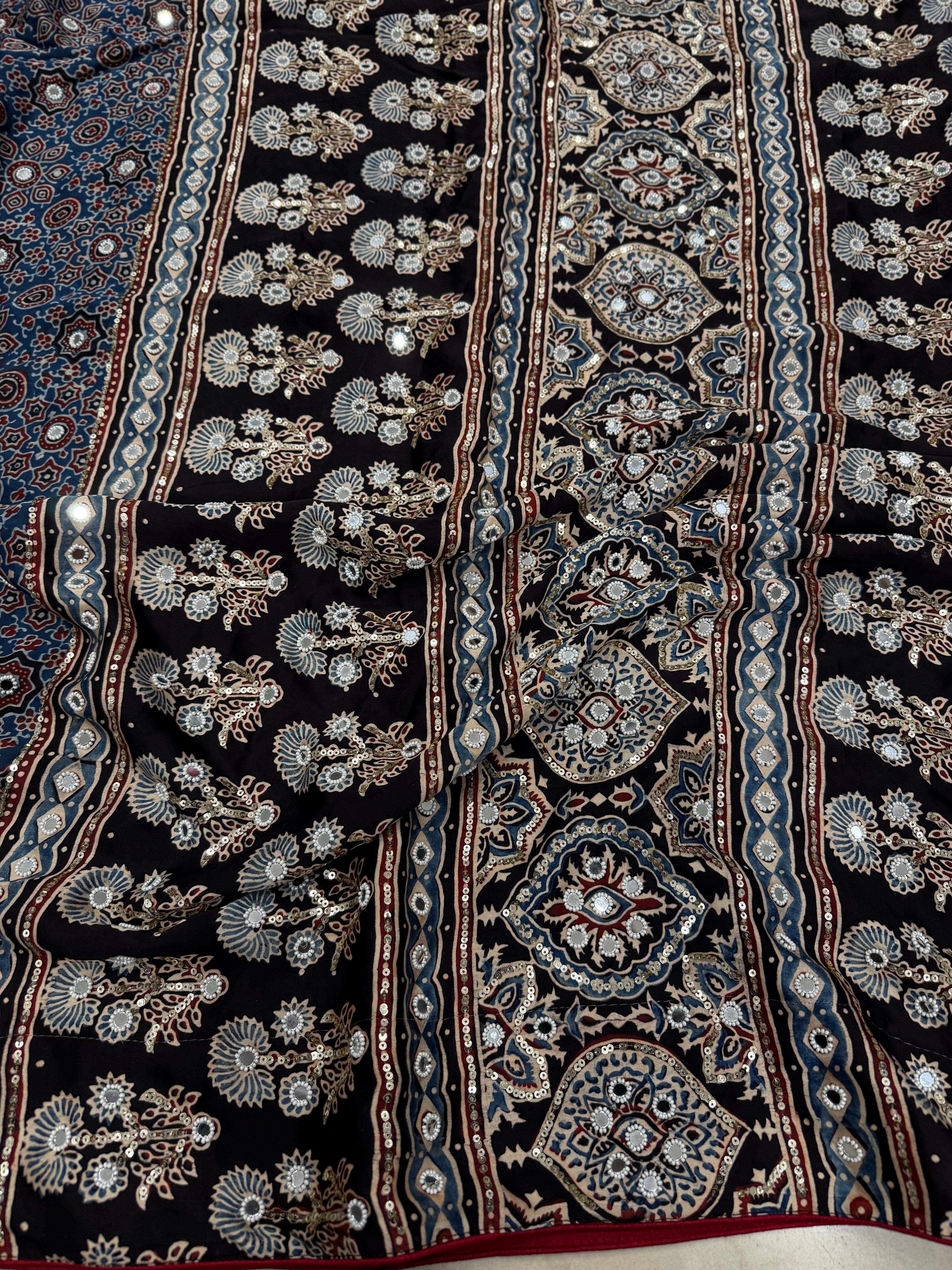 Blue Ajrakh Jaal Moti Sequin Ajrakh Hand Embroidery Saree