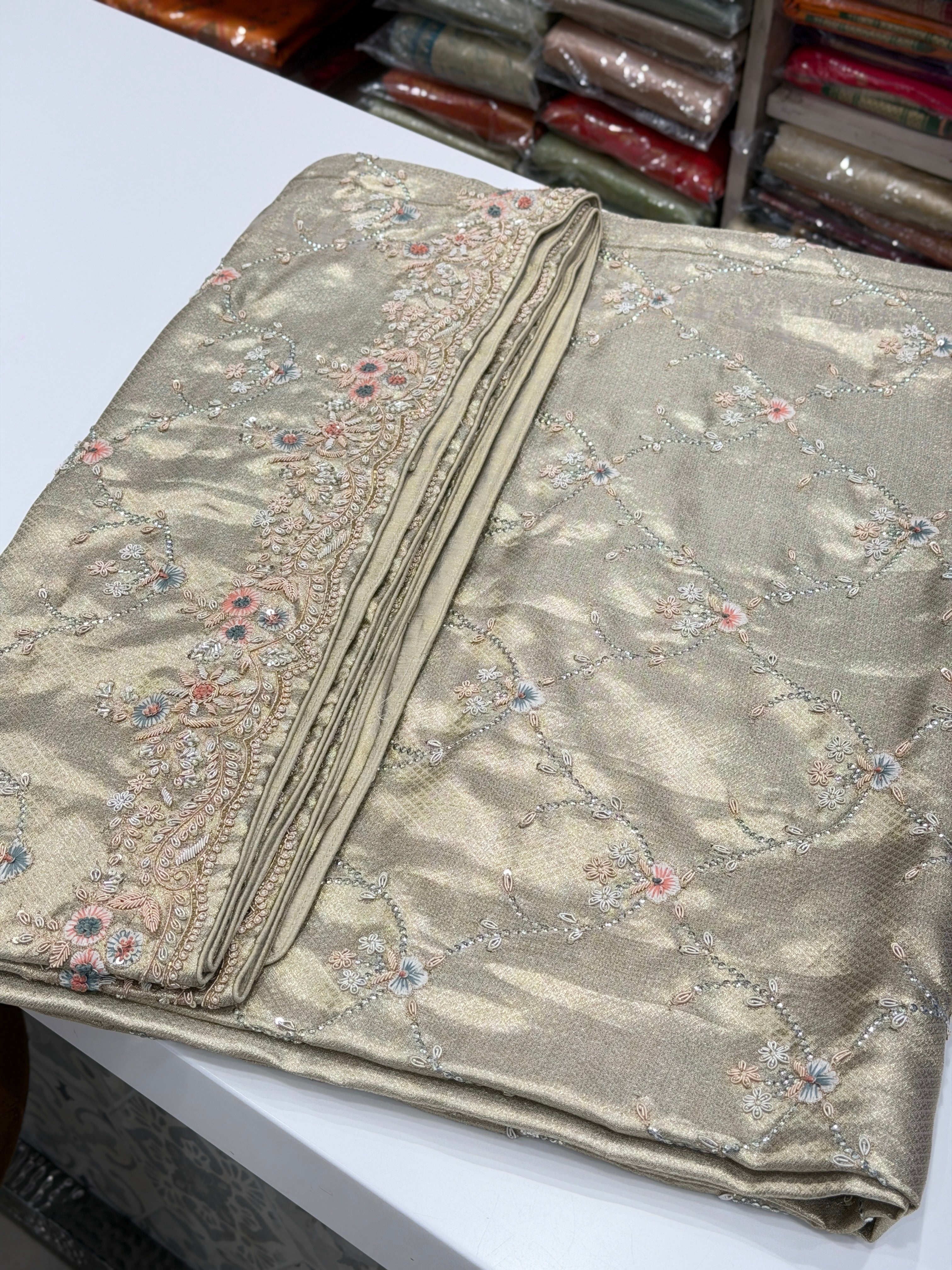 Light Water Gold Tissue Kanjivaram Knot Zardosi Hand Embroidery Saree