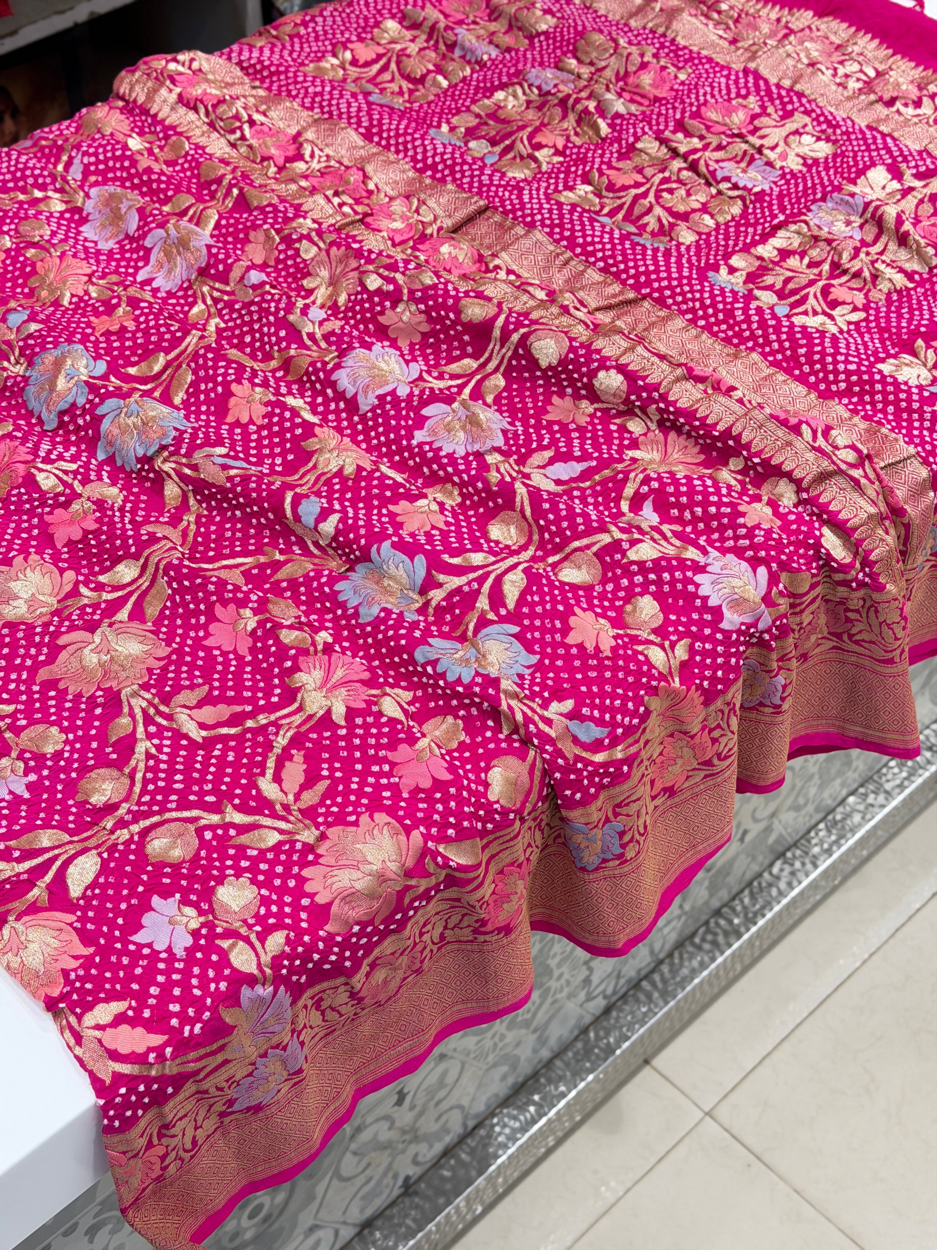 Rani Pink Jaal Meenakari Handloom Banarasi Georgette Rai Bandhej Saree