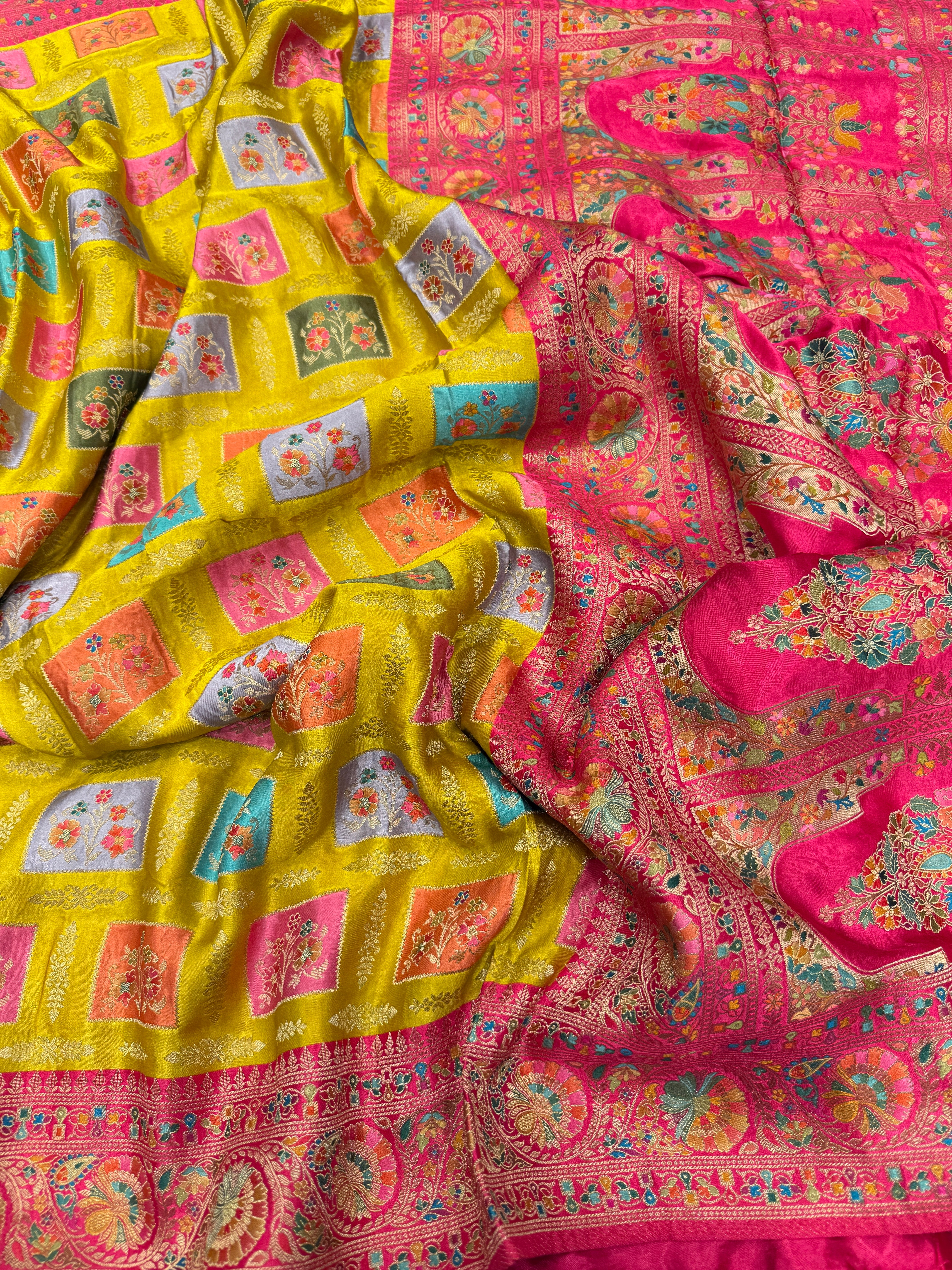 Yellow Box Check Banarasi Modal Satin Rangkat Saree