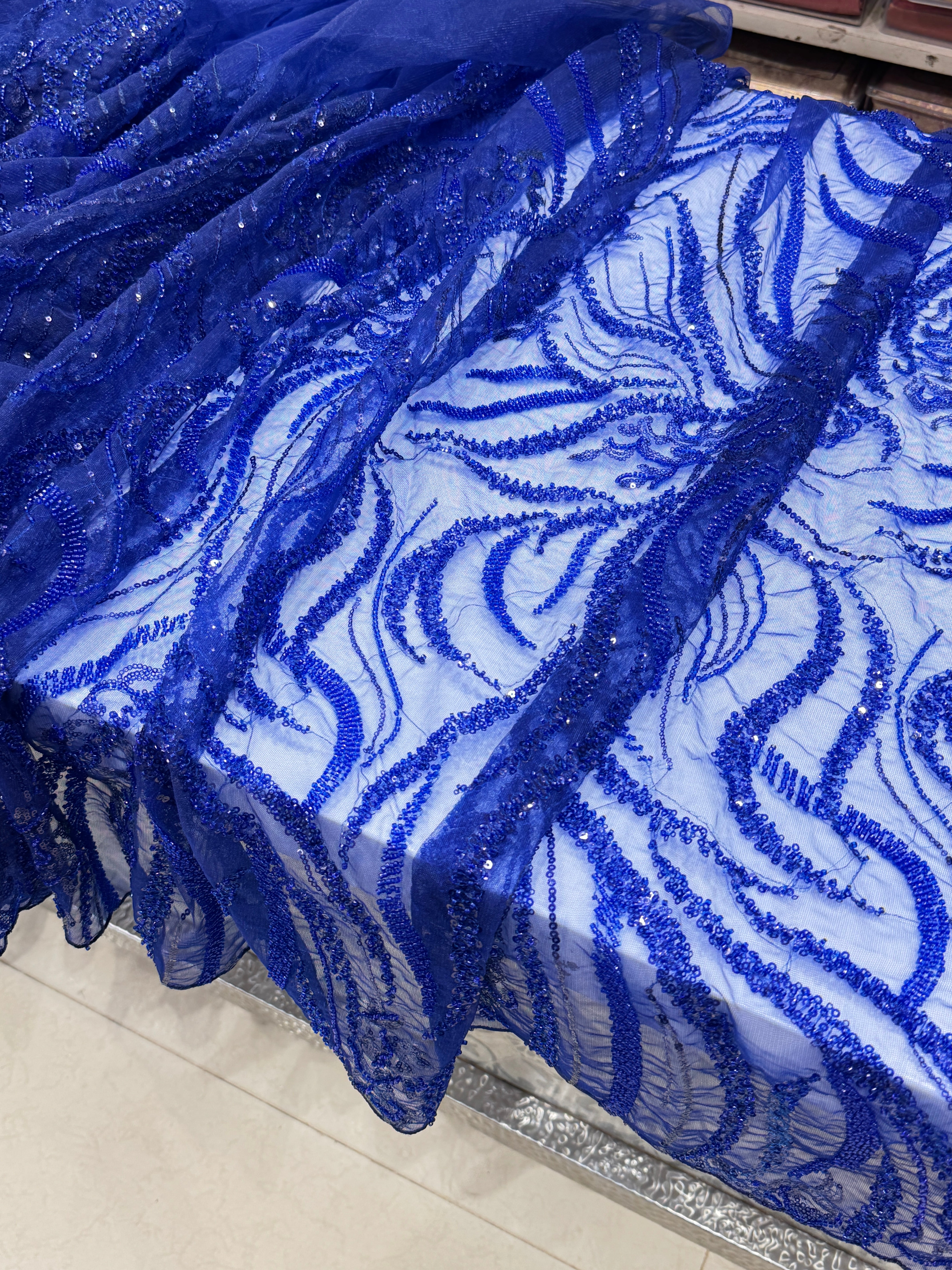 Royal Blue Soft Net Moti Sequin Embroidery Saree