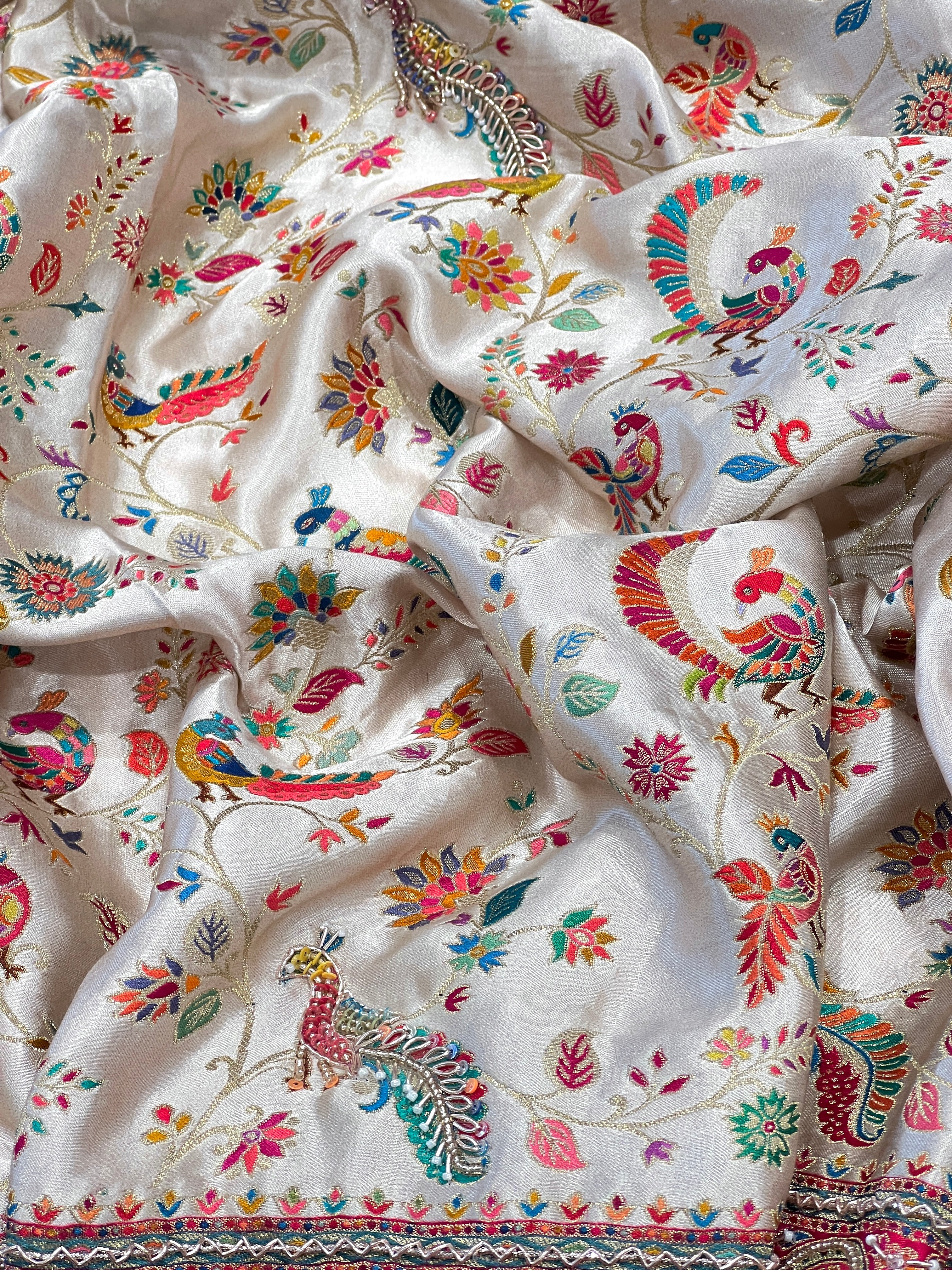 White Modal Satin Rangkat Peacock Hand Embroidery Saree