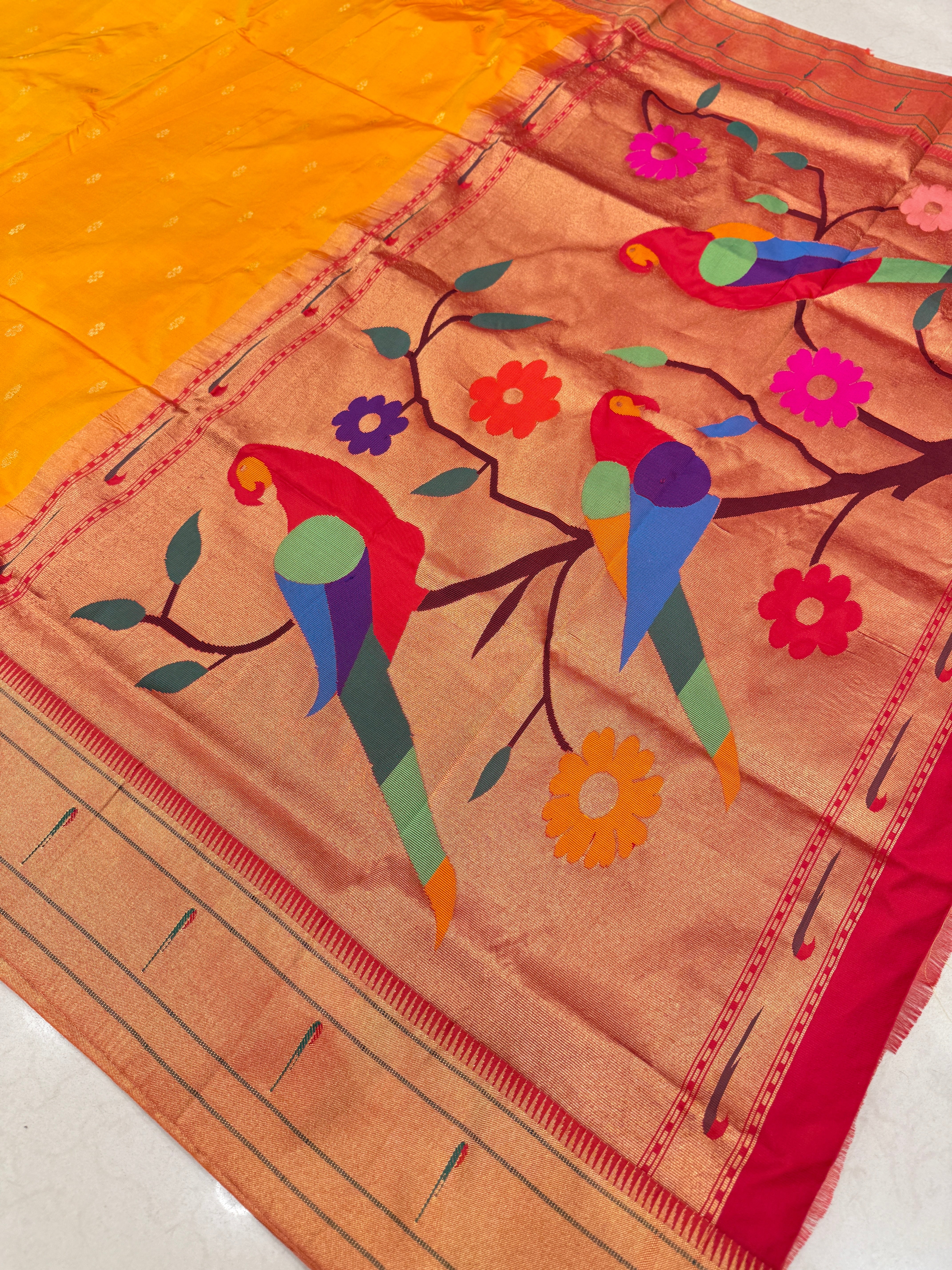 Yellow Muniya Pure Silk Handloom Paithani Saree