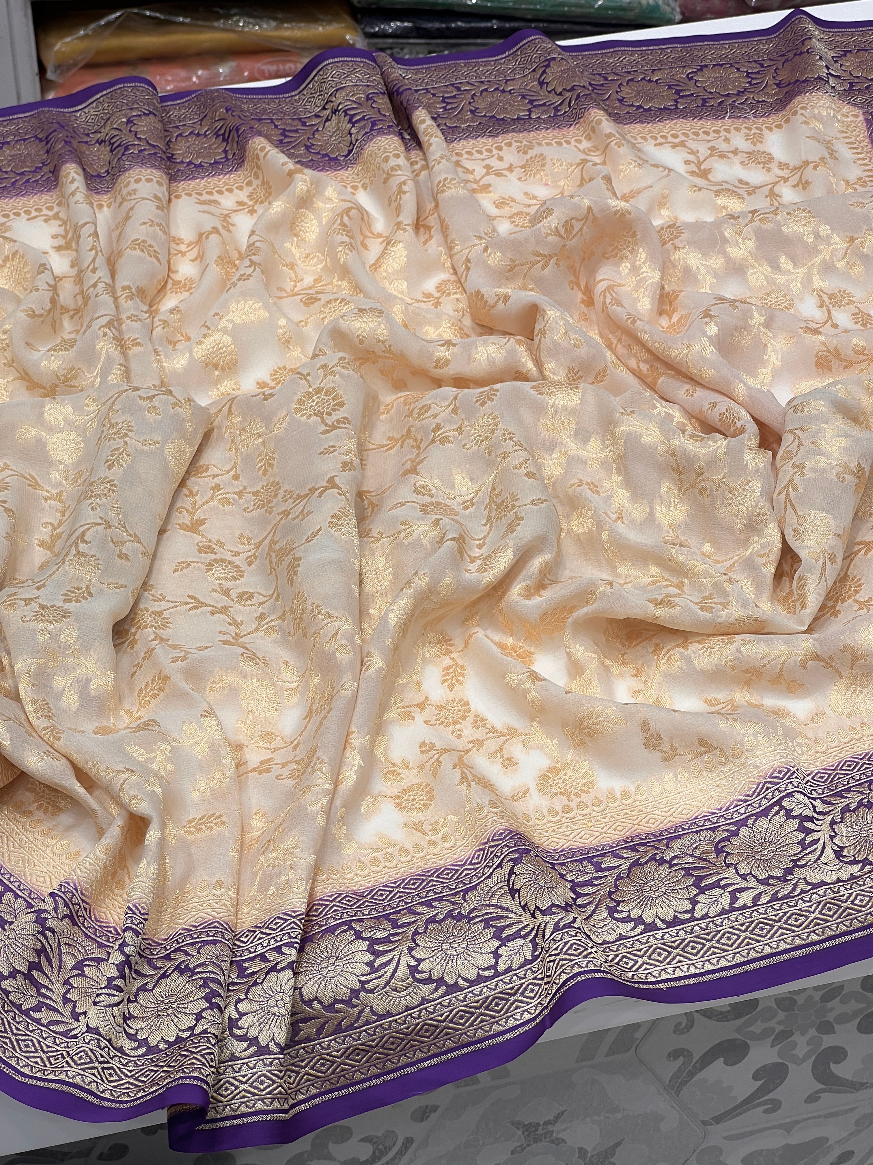 Beige Violet Handloom Georgette Jaal Saree