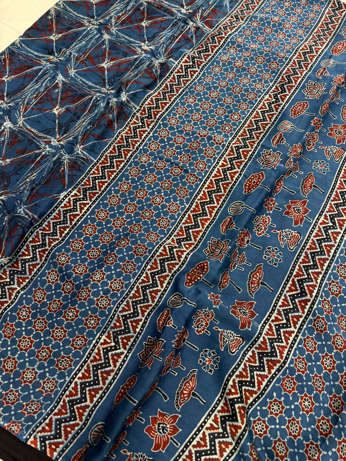 Blue Abstract Ajrakh Hand Block Print Pure Gajji Silk Saree