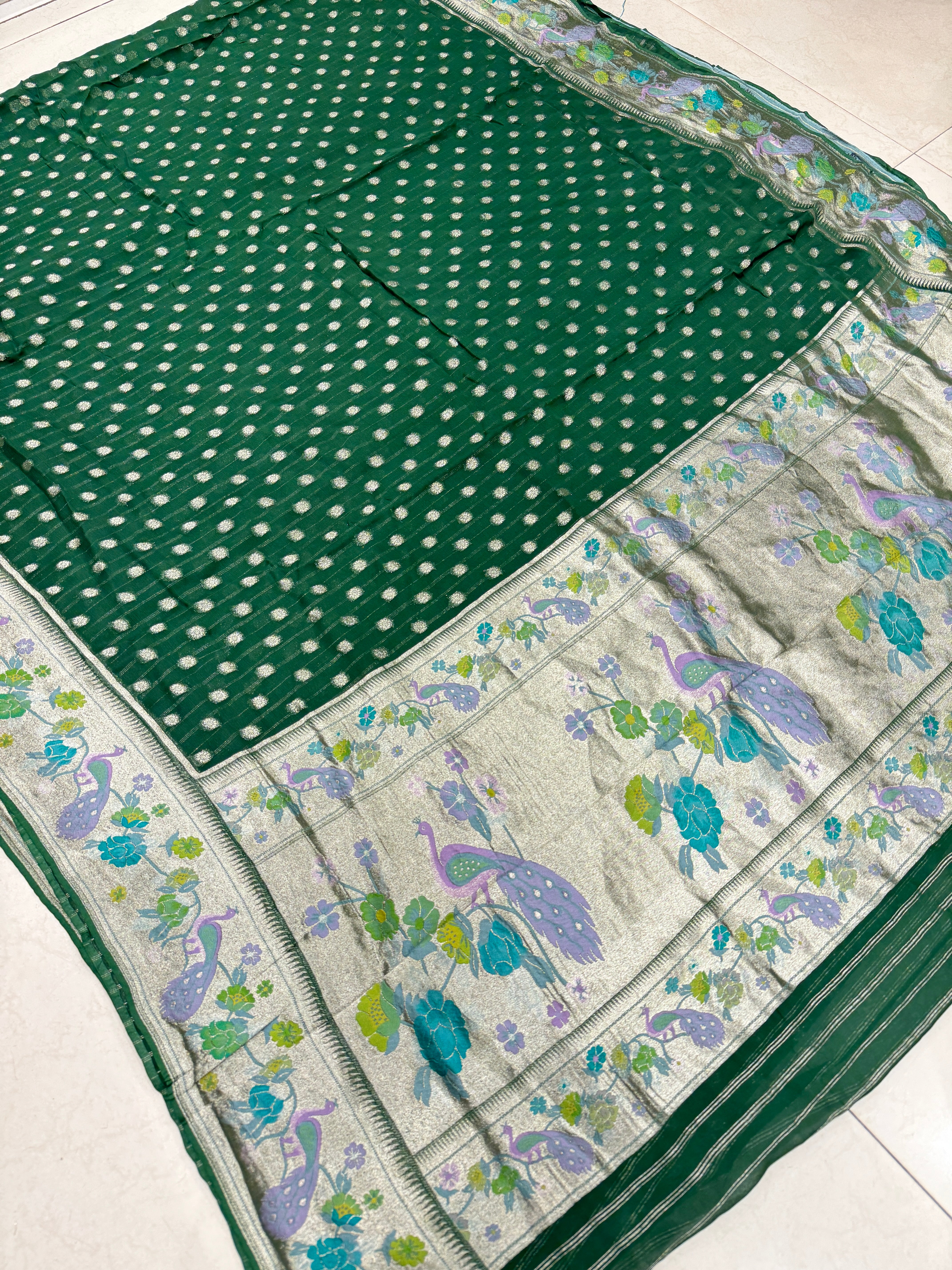 Bottle Green Georgette Paithani Saree
