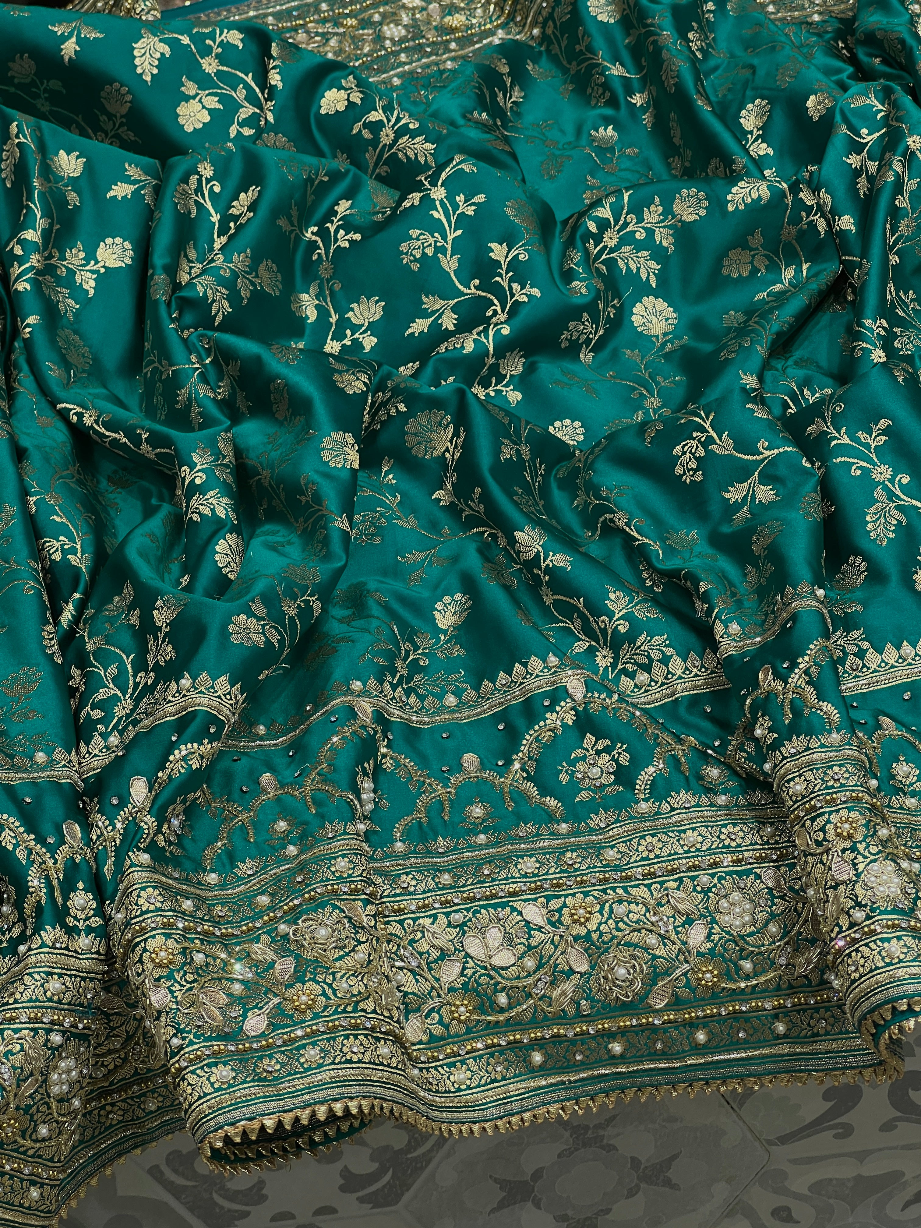 Warm Teal Green Banarasi Silk Hand Embroidery Saree
