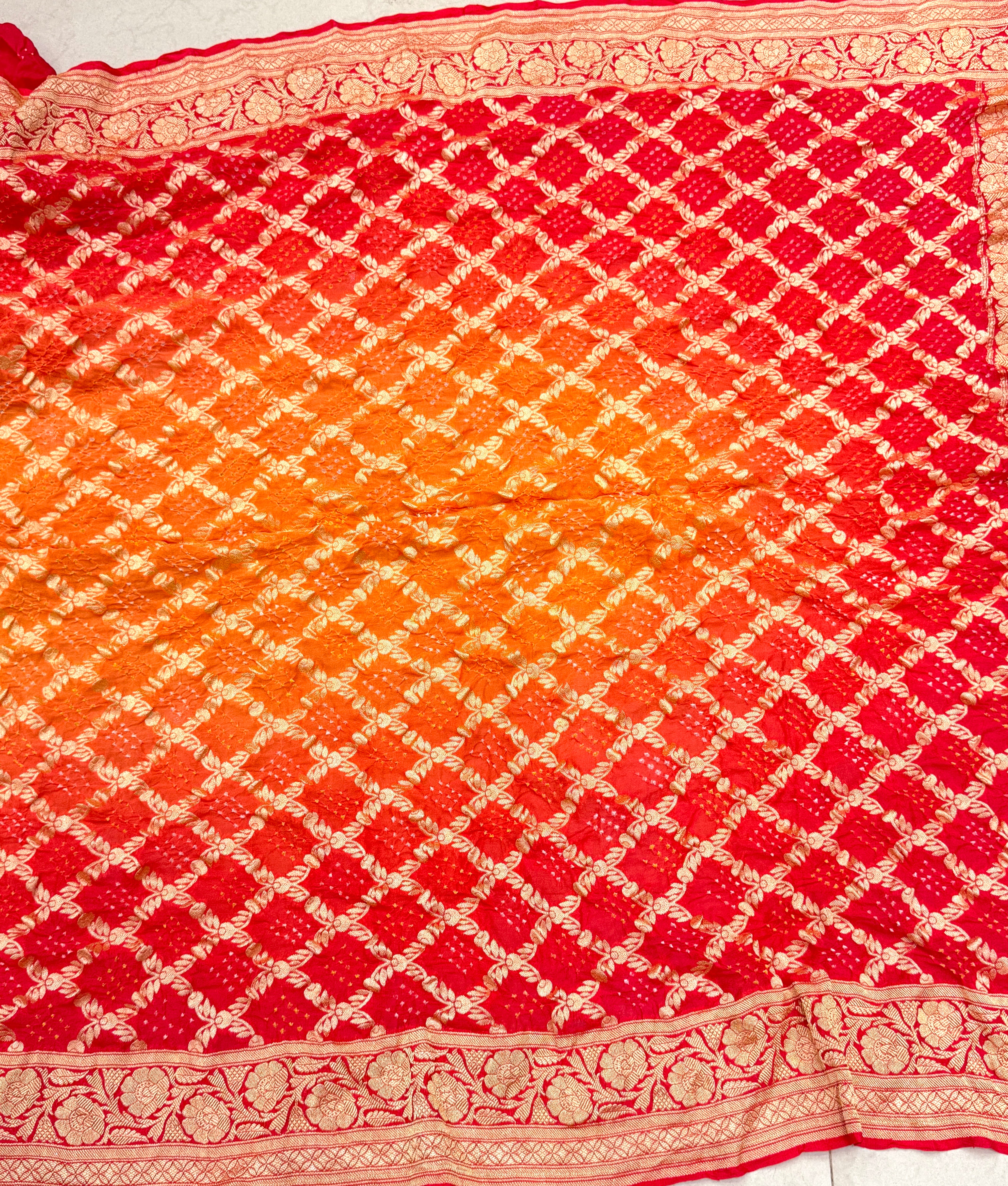 Strawberry Orange Shaded Georgette Handloom Bandhej Bandhini Saree