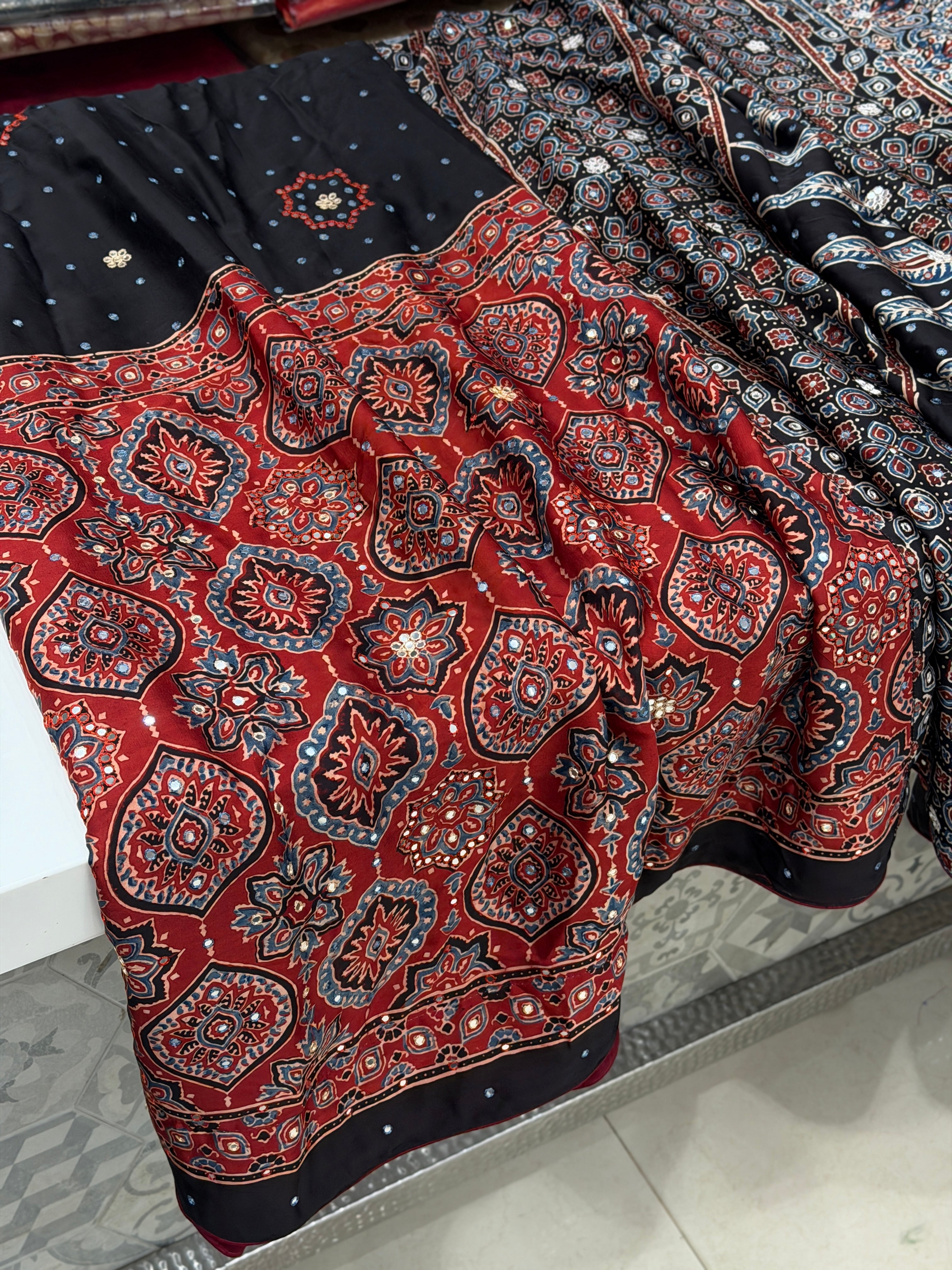 Red Black Badam Buttas Ajrakh Hand Embroidery Mirror Saree