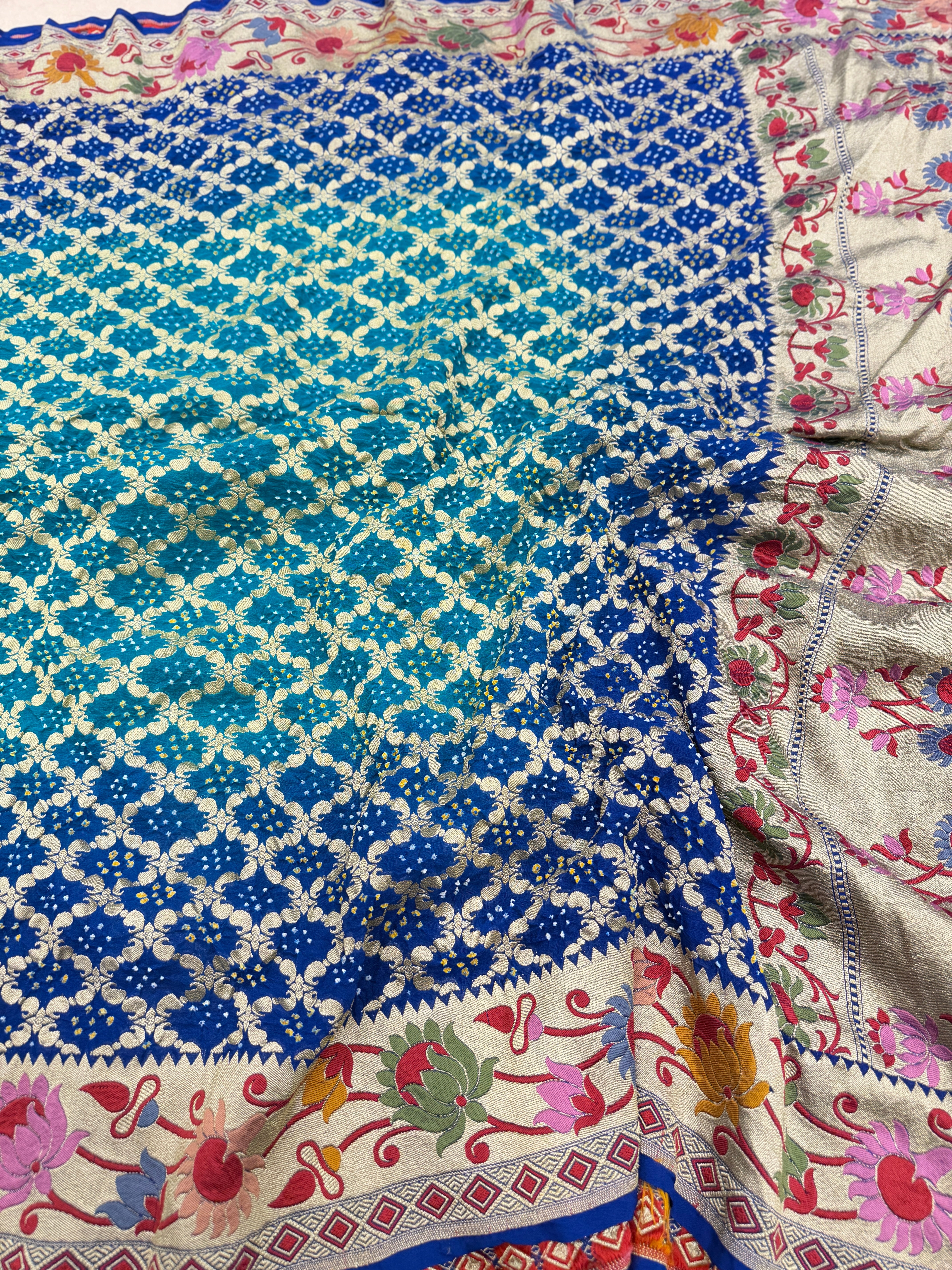 Shaded Blue Meenakari Paithani Style Pure Handloom Georgette Bandhej Saree