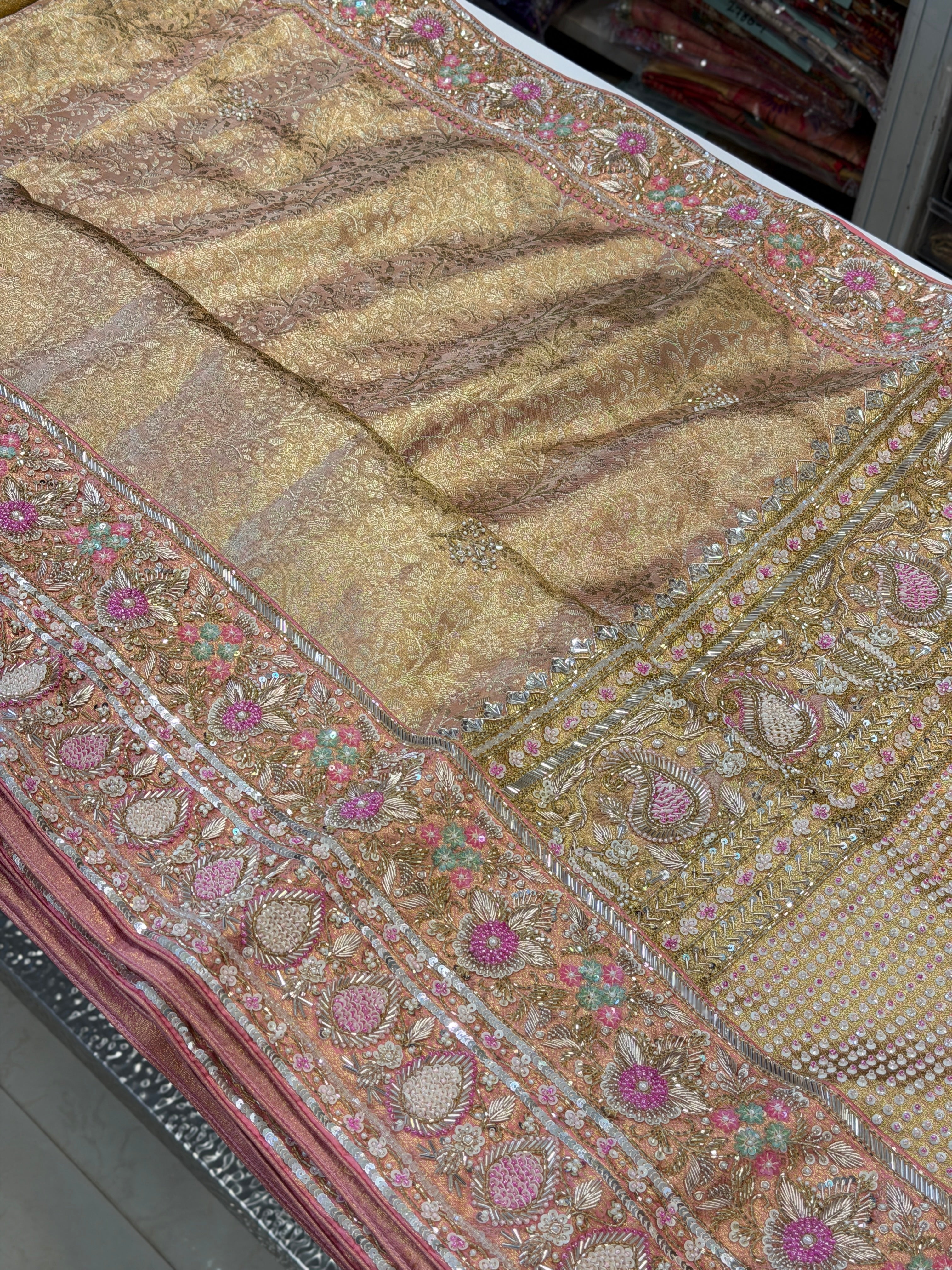 Golden Kanjivaram Moti Zardosi Hand Embroidery Saree