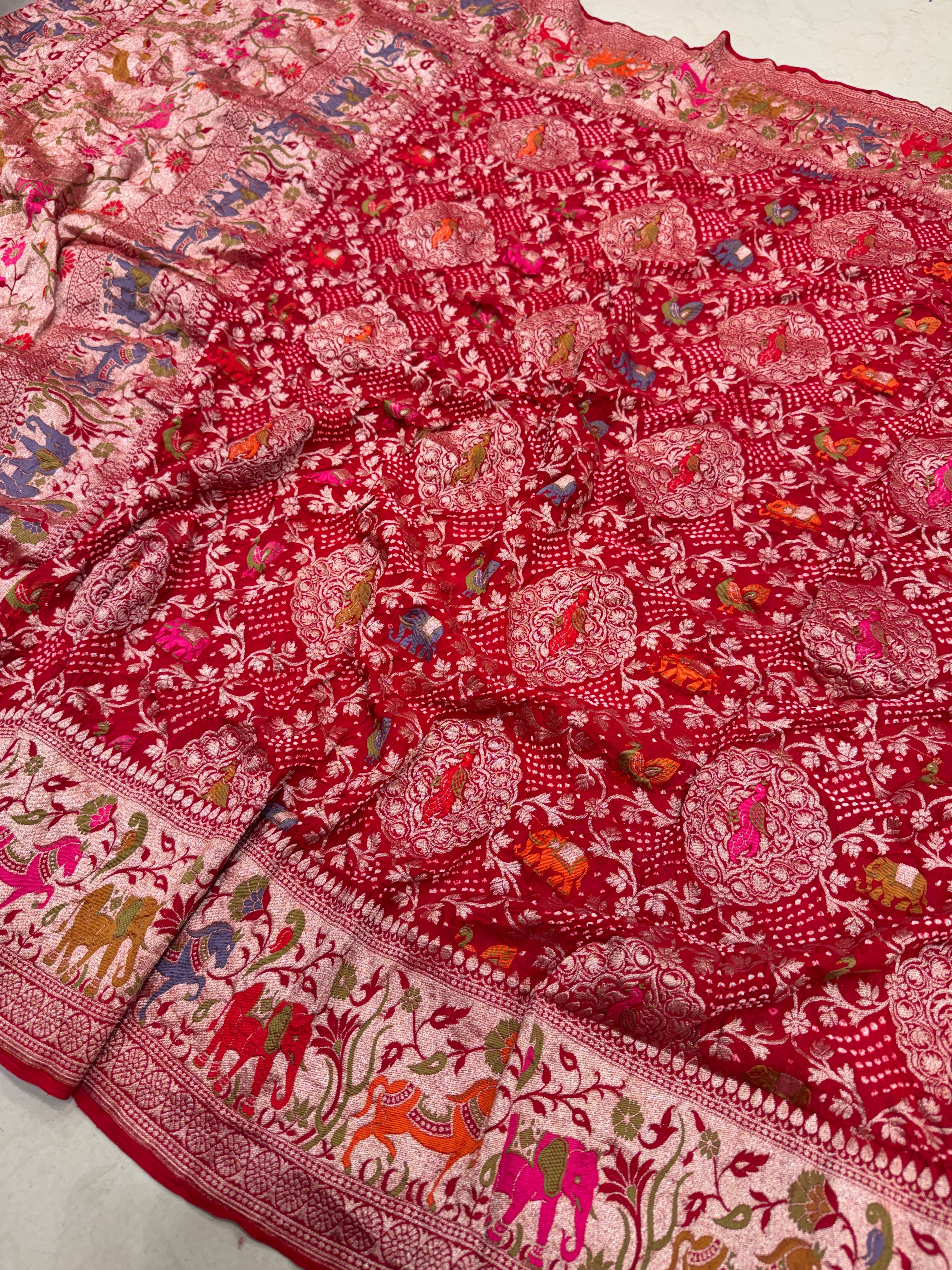 Red Shikargah Meenakari Rai Bandhej Georgette Dupatta