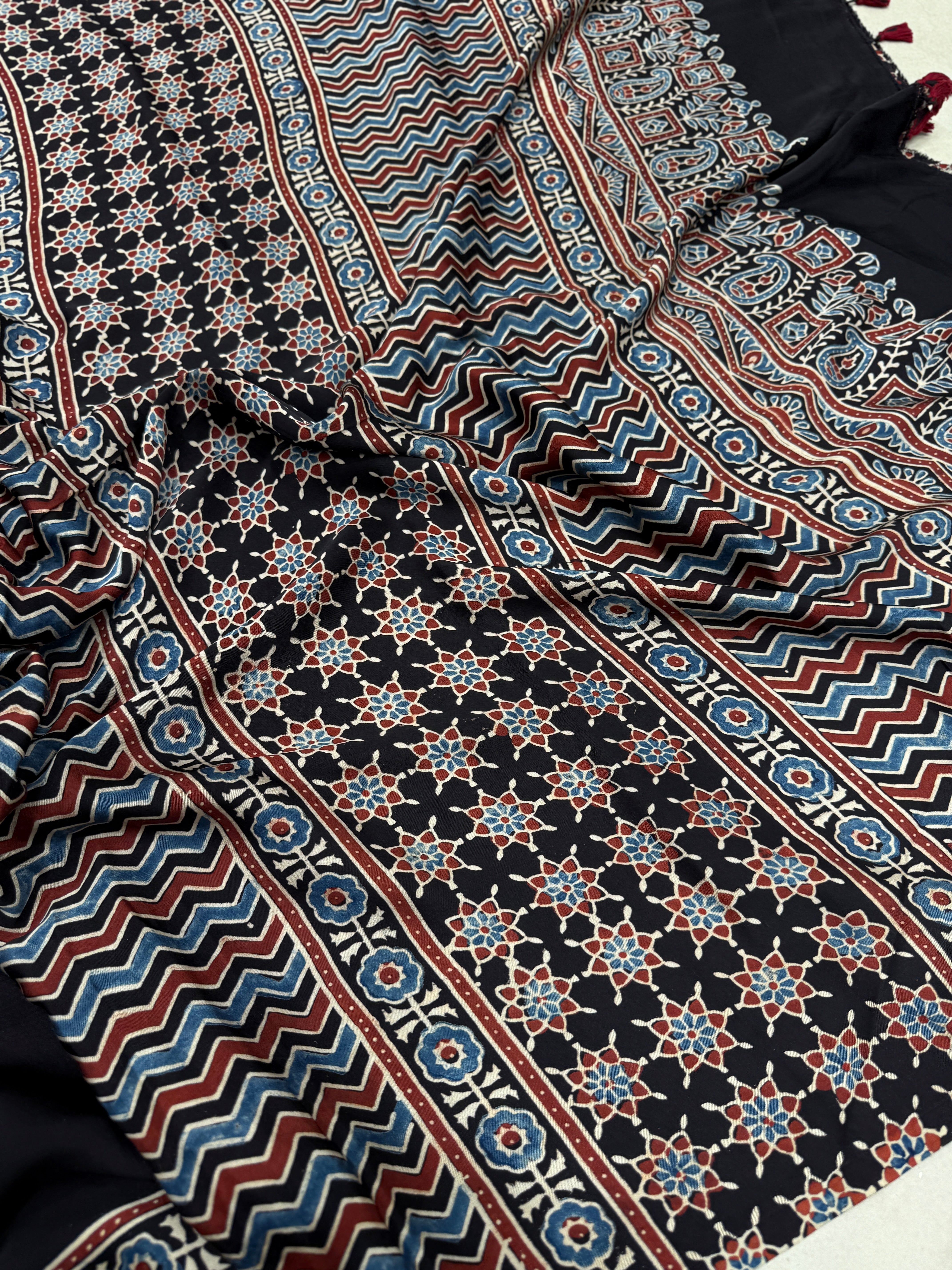 Black Floral Big Buttas Ajrakh Block Print Hand Pure Gajji Silk Saree